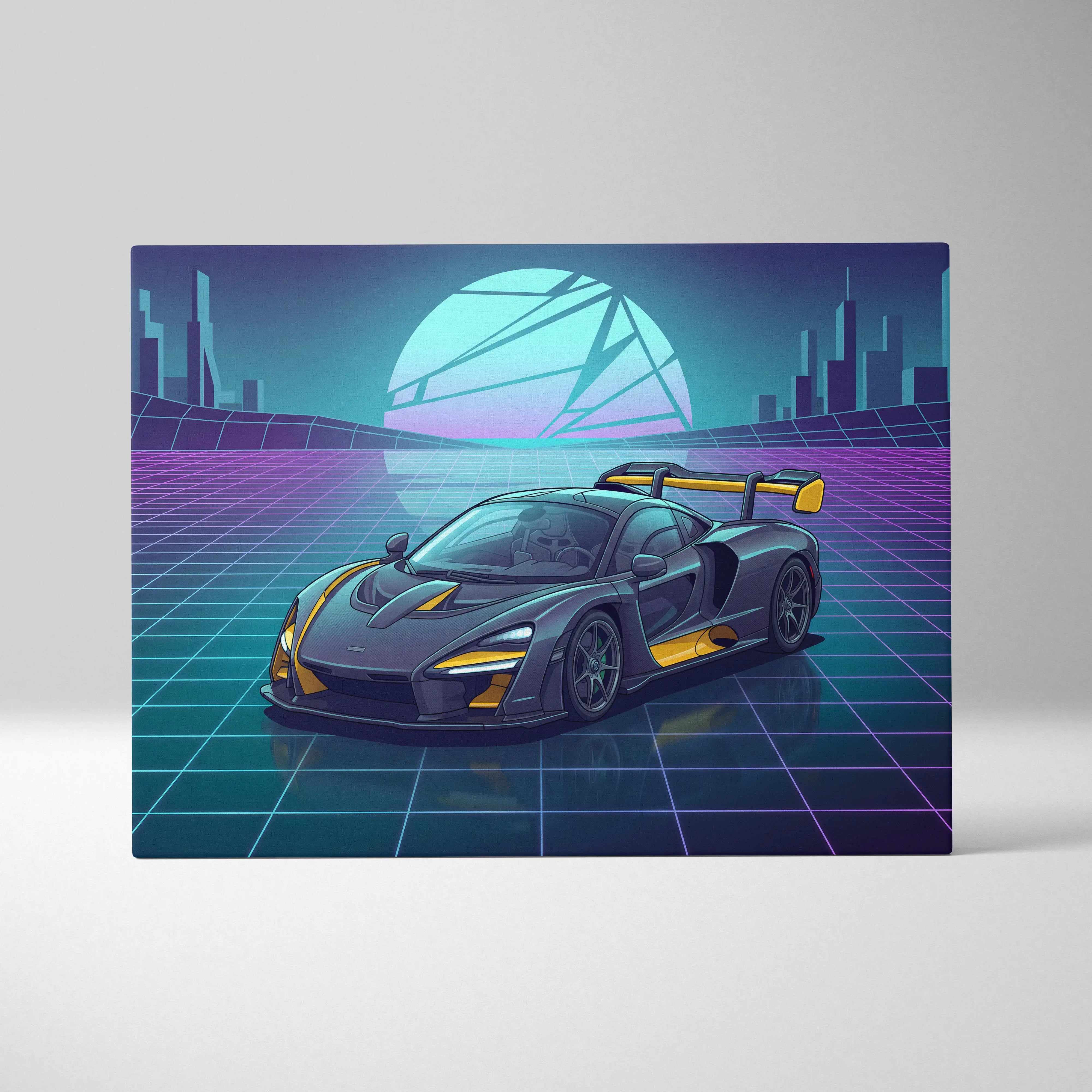 McLaren Senna Inspired Black Yellow Canvas Wall Art, Neon Vaporwave Hypercar Artwork for Futuristic Garage Decor