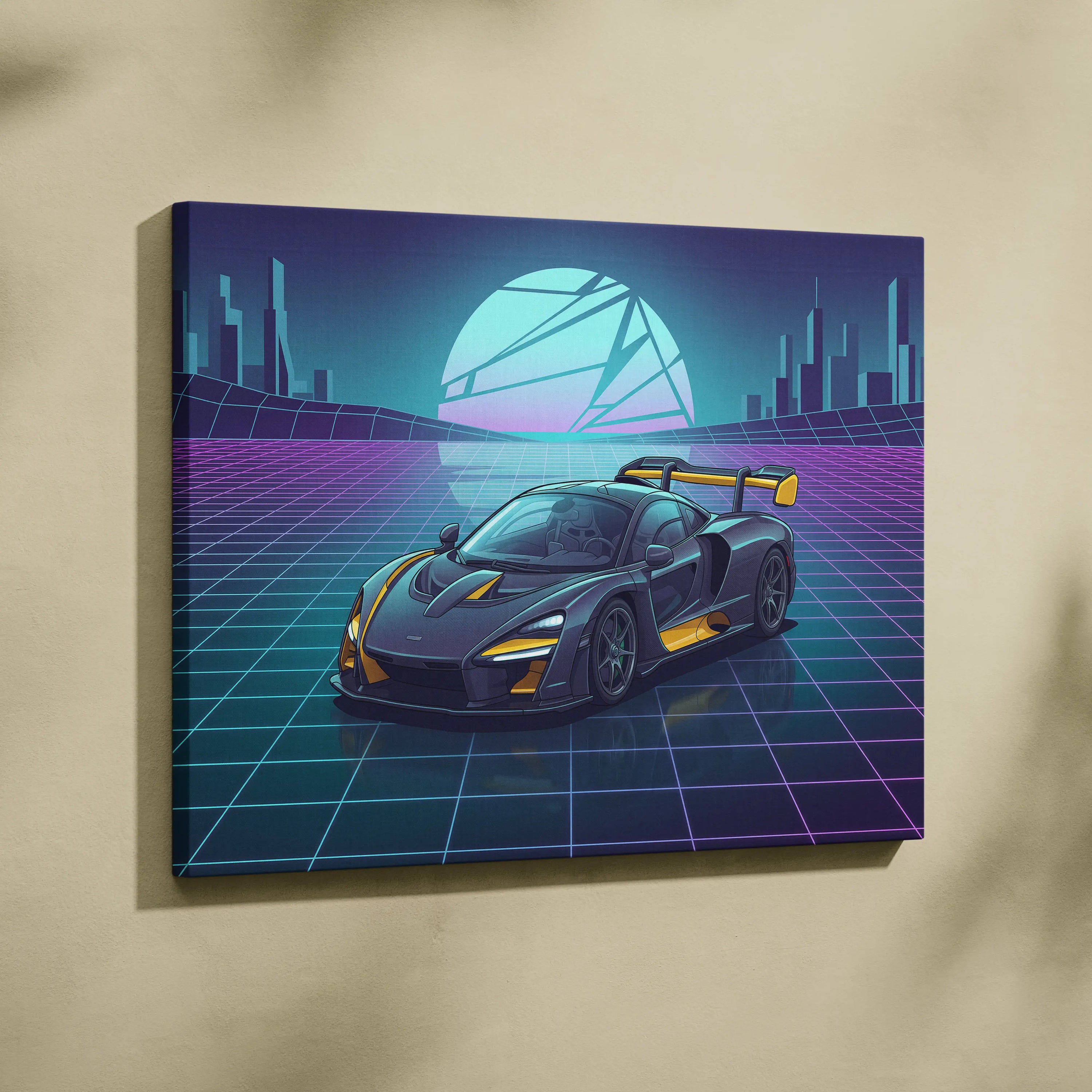 McLaren Senna Inspired Black Yellow Canvas Wall Art, Neon Vaporwave Hypercar Artwork for Futuristic Garage Decor