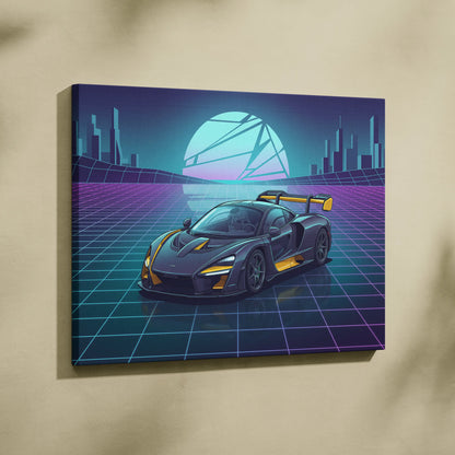 McLaren Senna Inspired Black Yellow Canvas Wall Art, Neon Vaporwave Hypercar Artwork for Futuristic Garage Decor