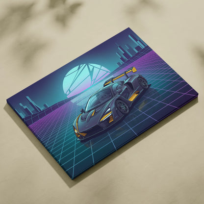 McLaren Senna Inspired Black Yellow Canvas Wall Art, Neon Vaporwave Hypercar Artwork for Futuristic Garage Decor