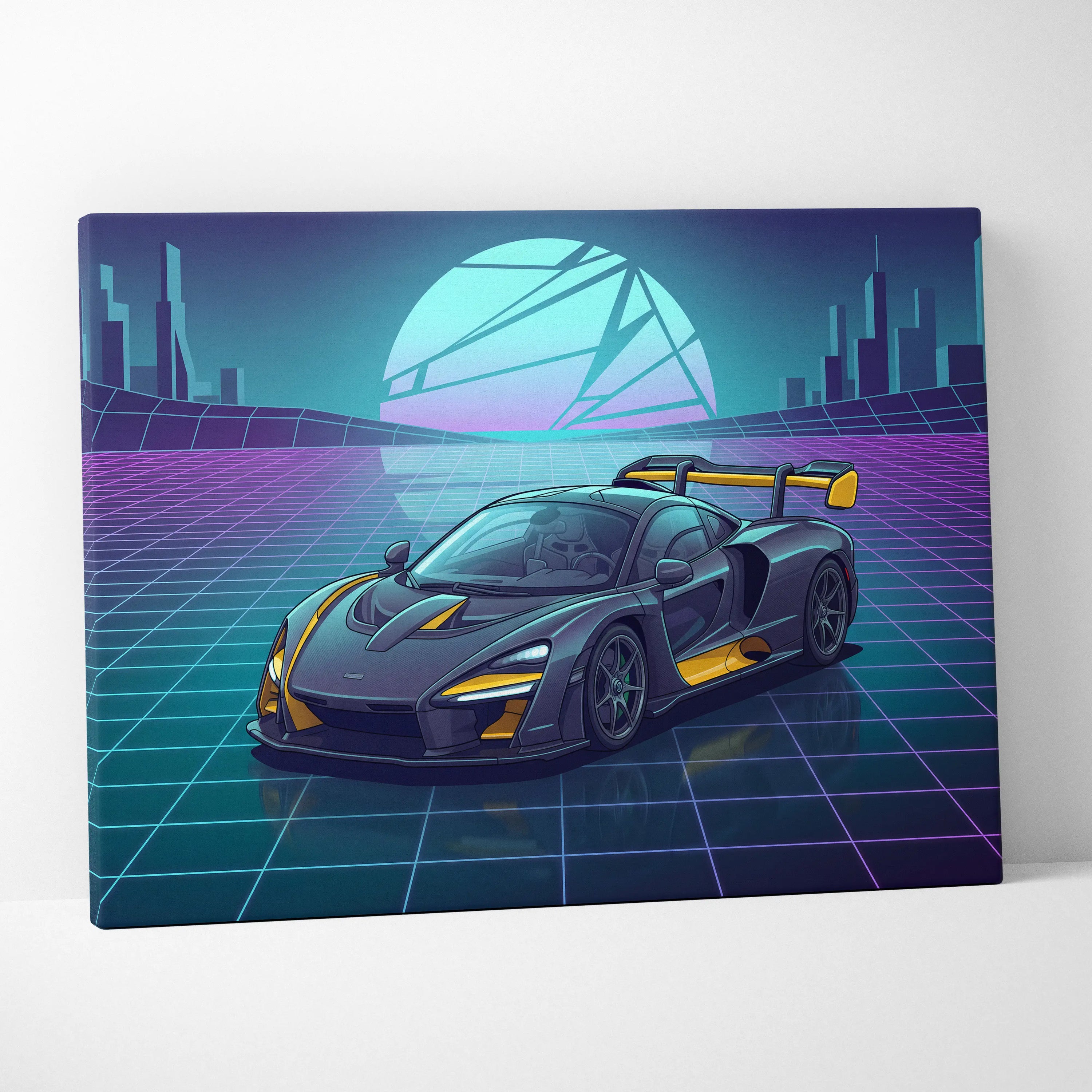 McLaren Senna Inspired Black Yellow Canvas Wall Art, Neon Vaporwave Hypercar Artwork for Futuristic Garage Decor