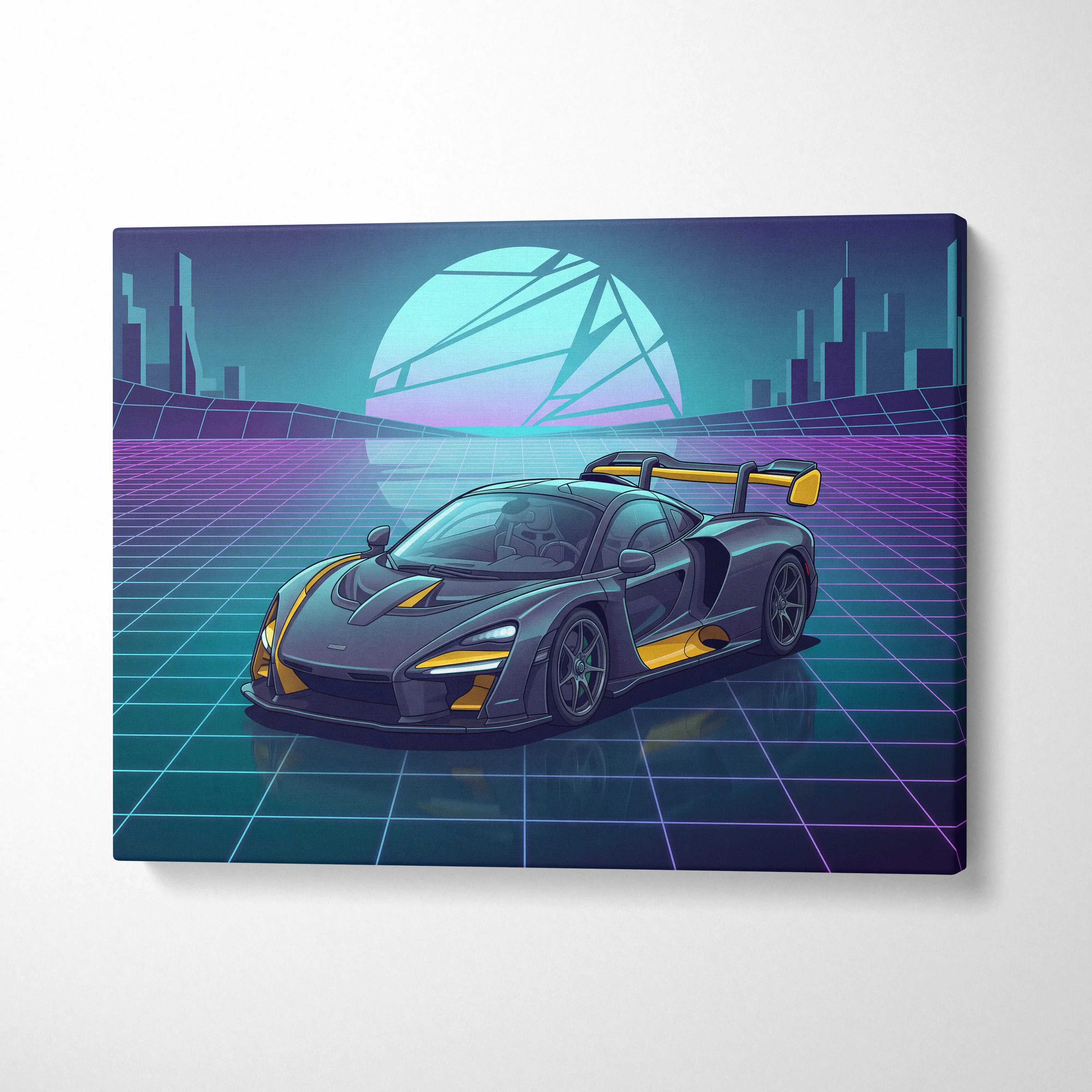 McLaren Senna Inspired Black Yellow Canvas Wall Art, Neon Vaporwave Hypercar Artwork for Futuristic Garage Decor