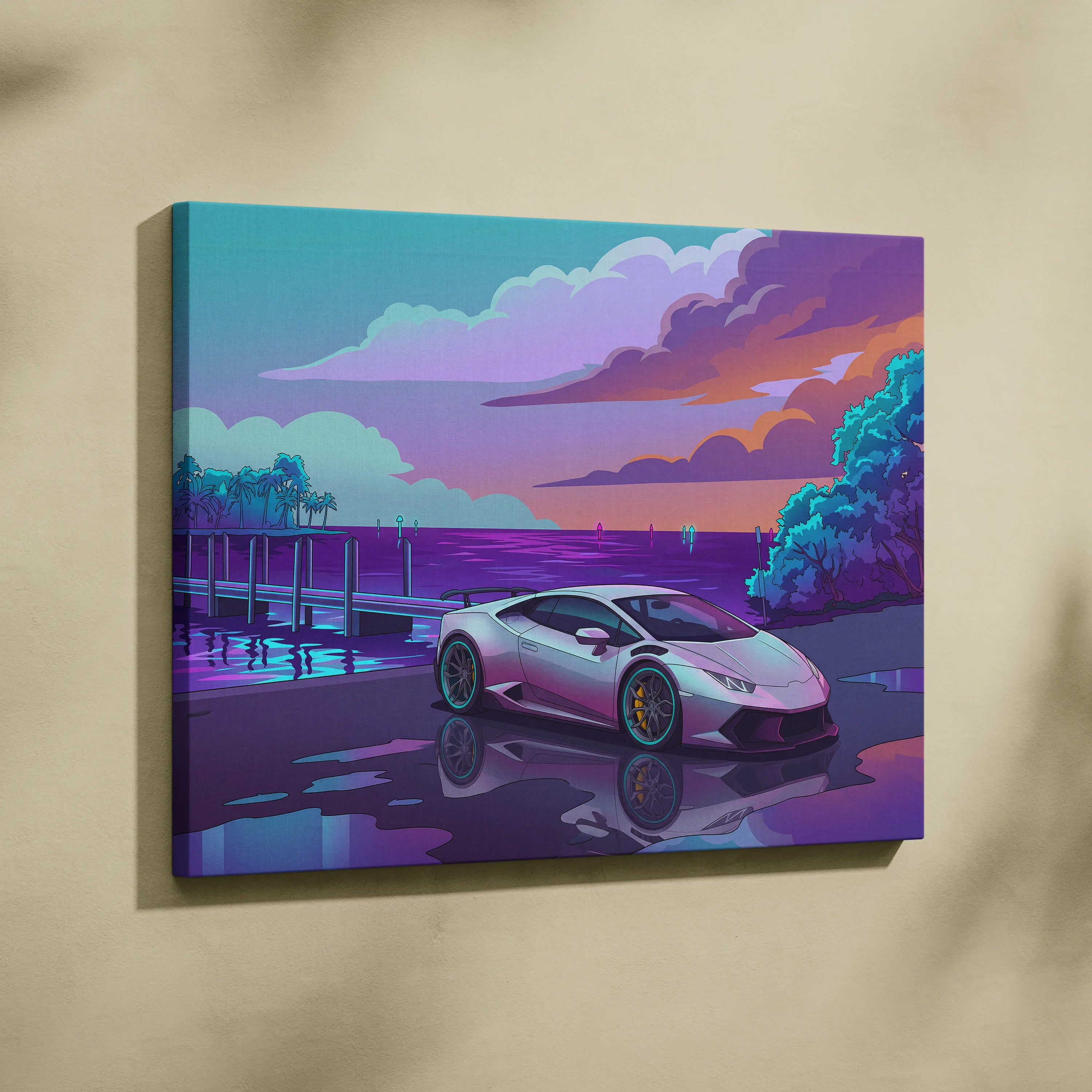 Lamborghini Huracan Inspired White Purple Canvas Wall Art, Coastal Neon Vaporwave Supercar Artwork for Modern Garage Decor