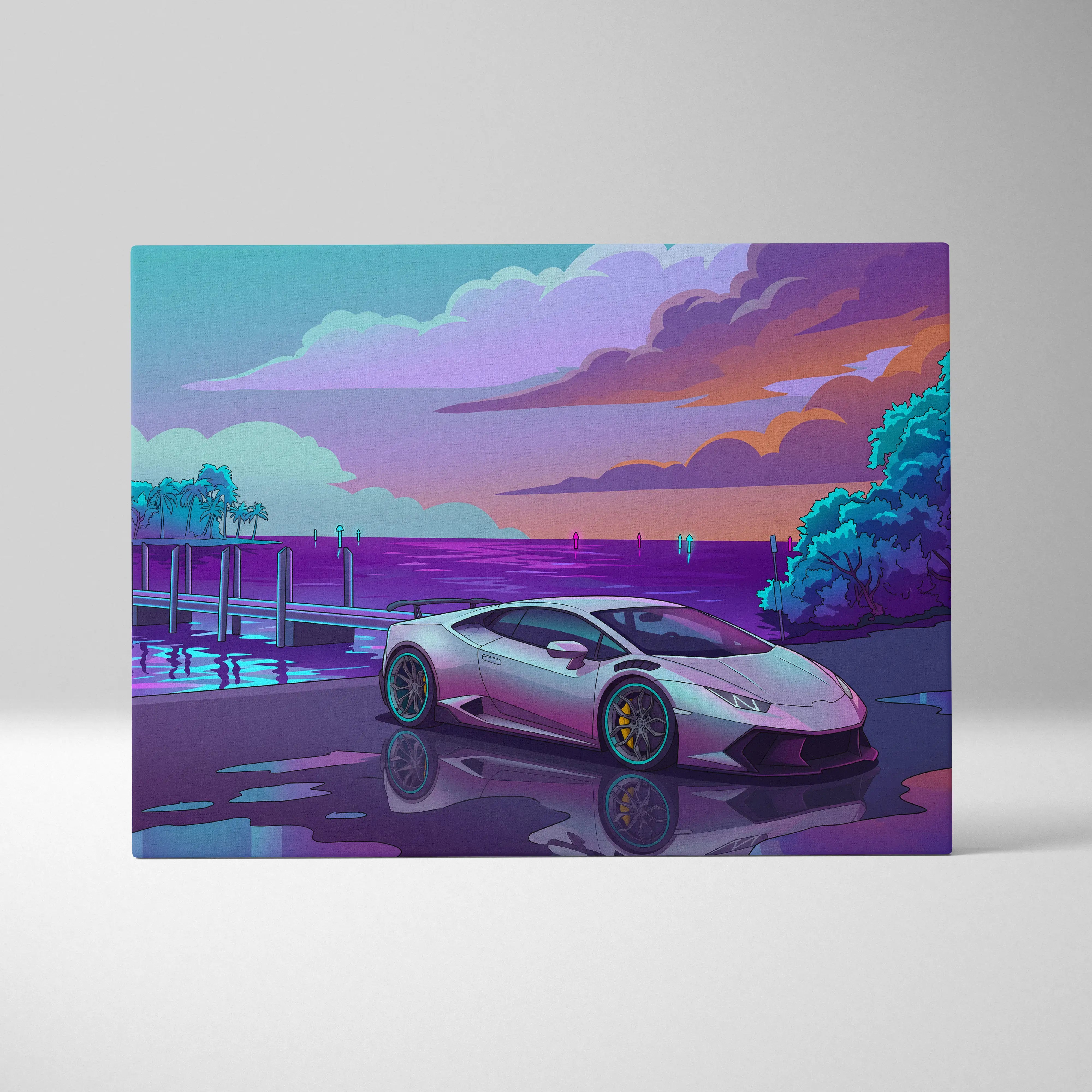 Lamborghini Huracan Inspired White Purple Canvas Wall Art, Coastal Neon Vaporwave Supercar Artwork for Modern Garage Decor