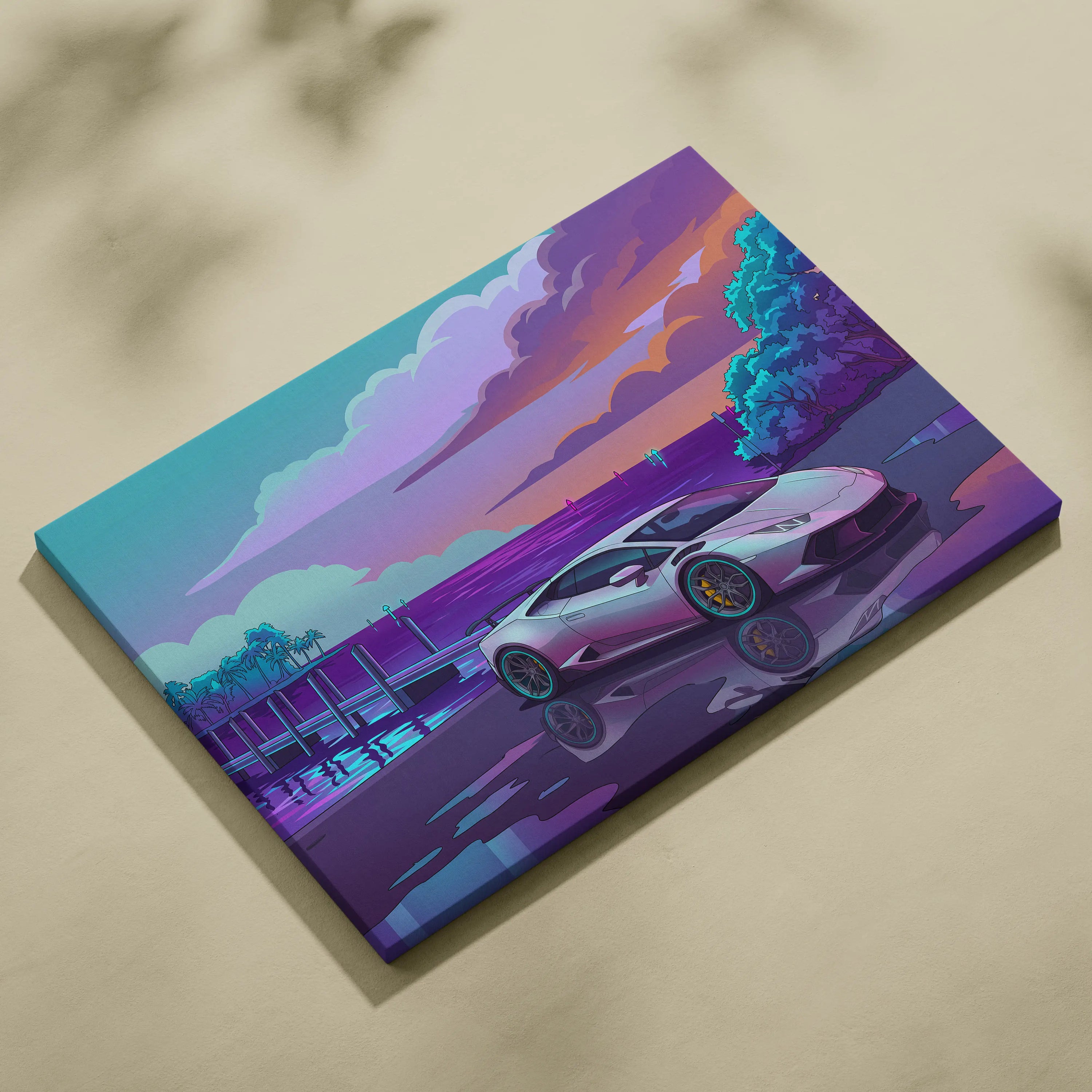 Lamborghini Huracan Inspired White Purple Canvas Wall Art, Coastal Neon Vaporwave Supercar Artwork for Modern Garage Decor