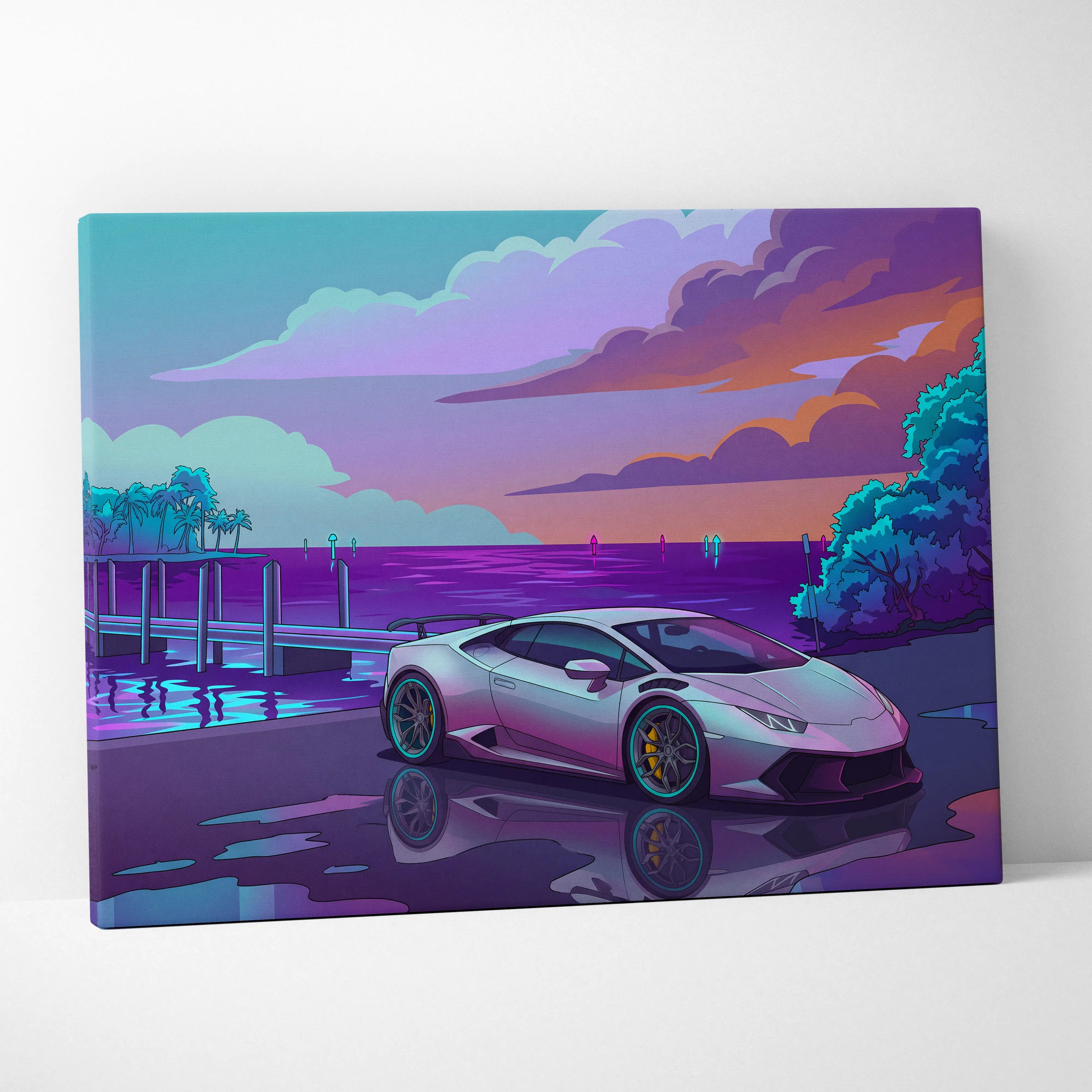 Lamborghini Huracan Inspired White Purple Canvas Wall Art, Coastal Neon Vaporwave Supercar Artwork for Modern Garage Decor