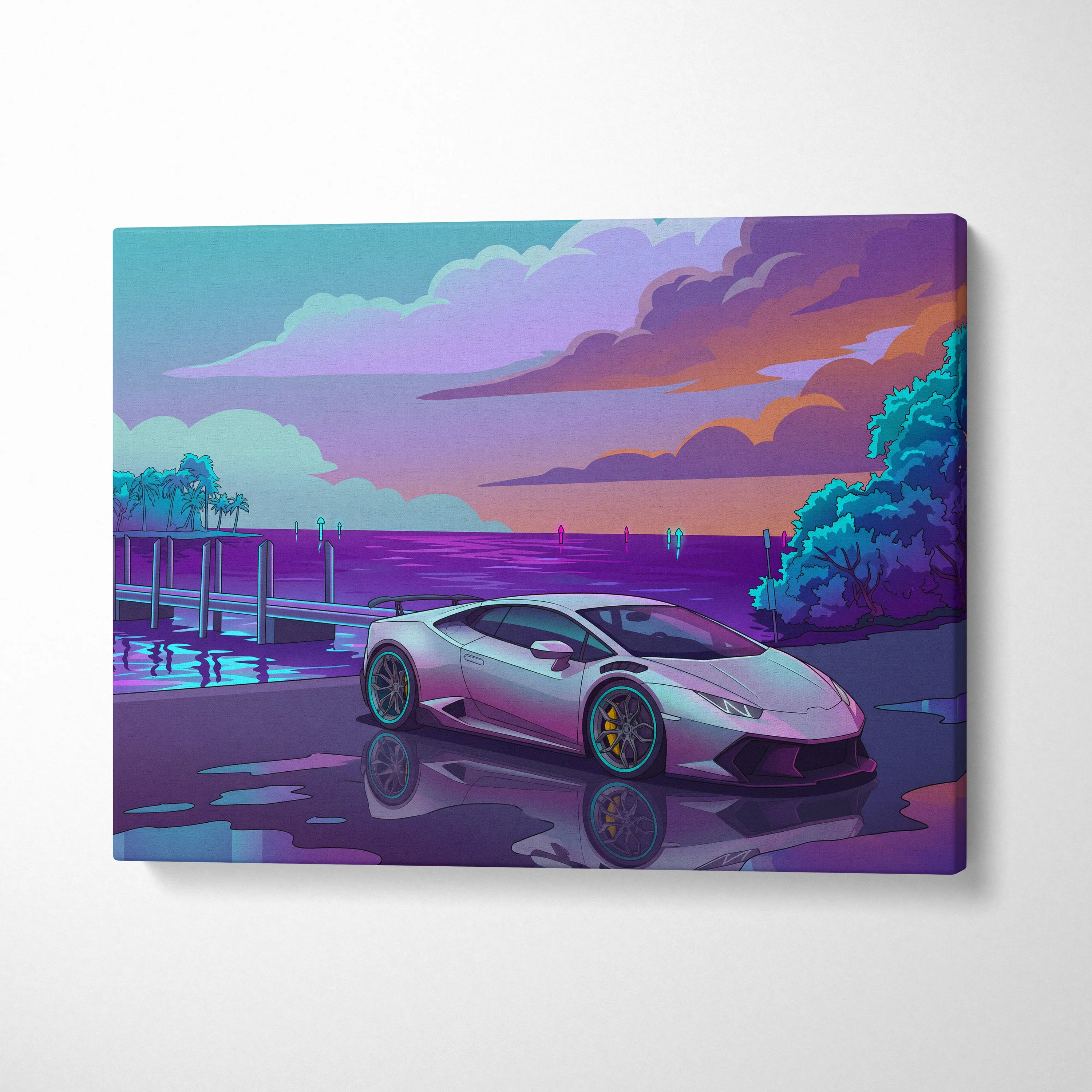 Lamborghini Huracan Inspired White Purple Canvas Wall Art, Coastal Neon Vaporwave Supercar Artwork for Modern Garage Decor