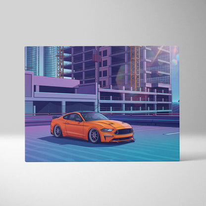 Ford Mustang Inspired Orange Blue Canvas Wall Art, Vaporwave Muscle Car Artwork, Neon City Garage Decor, Retro Futuristic Auto Print