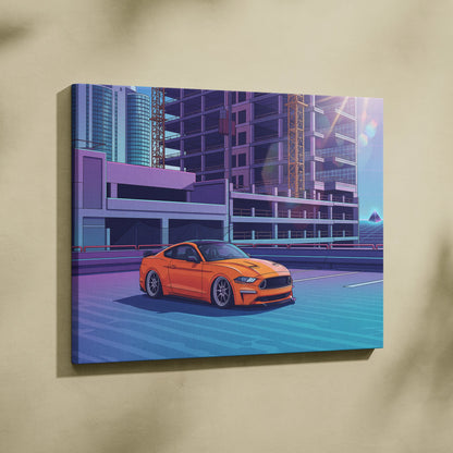 Ford Mustang Inspired Orange Blue Canvas Wall Art, Vaporwave Muscle Car Artwork, Neon City Garage Decor, Retro Futuristic Auto Print