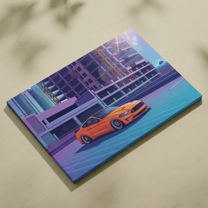 Ford Mustang Inspired Orange Blue Canvas Wall Art, Vaporwave Muscle Car Artwork, Neon City Garage Decor, Retro Futuristic Auto Print