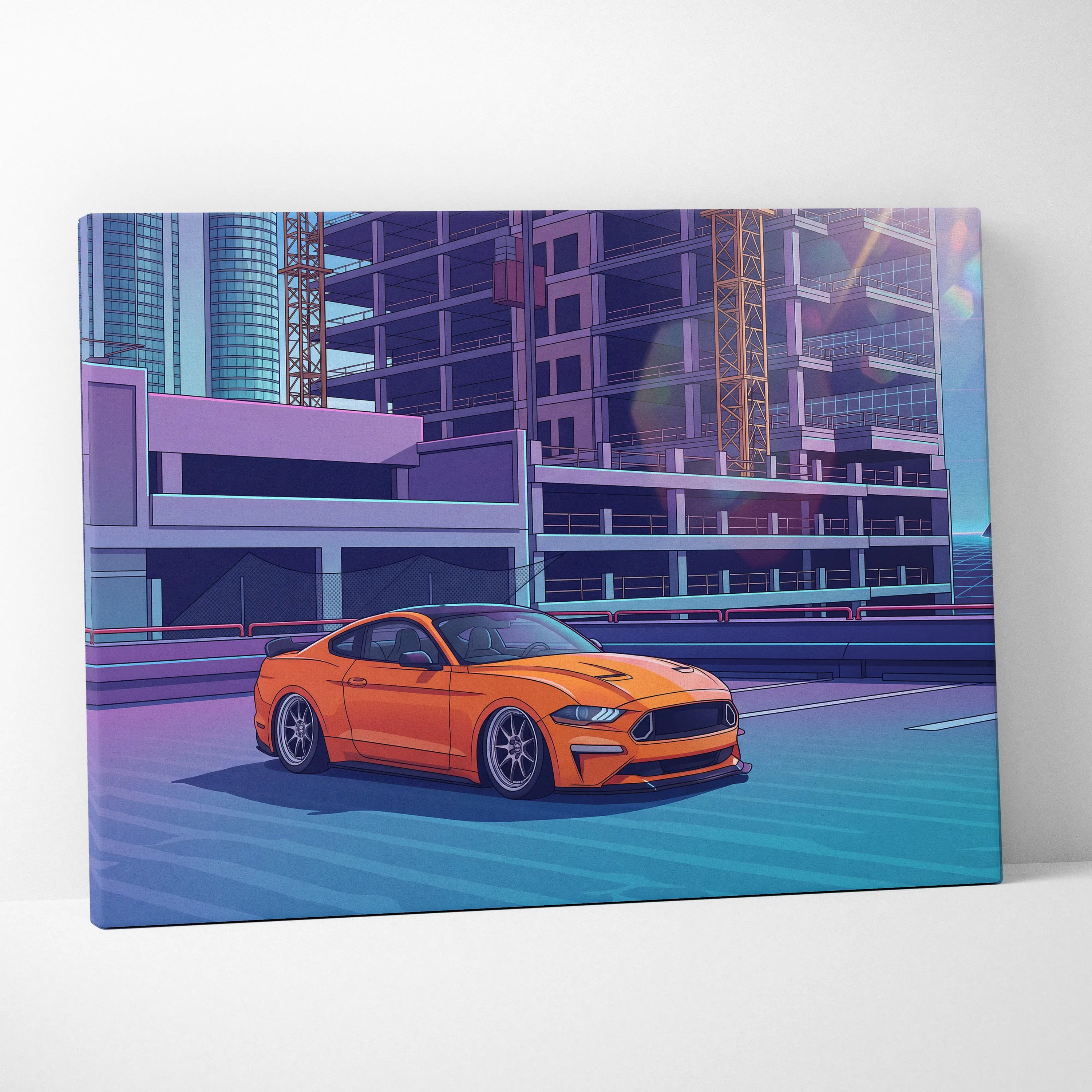 Ford Mustang Inspired Orange Blue Canvas Wall Art, Vaporwave Muscle Car Artwork, Neon City Garage Decor, Retro Futuristic Auto Print