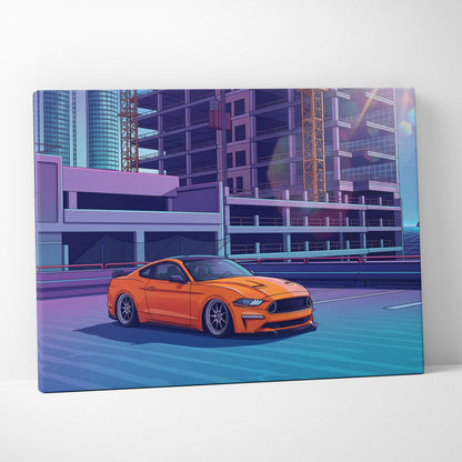 Ford Mustang Inspired Orange Blue Canvas Wall Art, Vaporwave Muscle Car Artwork, Neon City Garage Decor, Retro Futuristic Auto Print