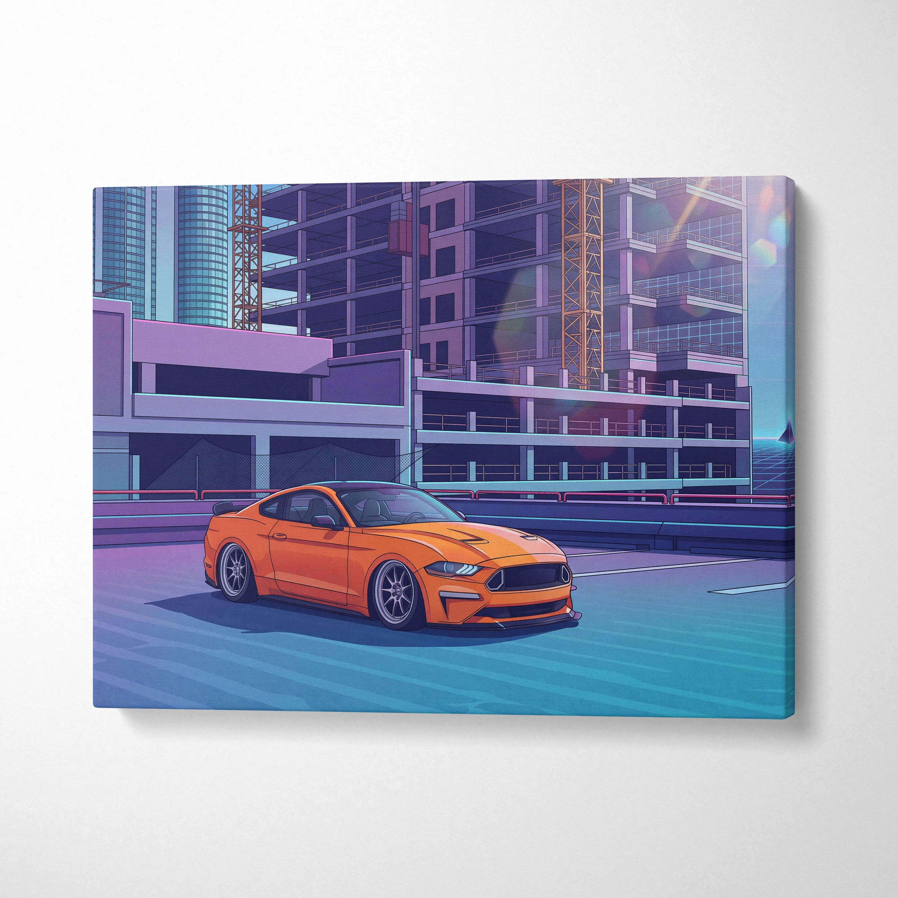 Ford Mustang Inspired Orange Blue Canvas Wall Art, Vaporwave Muscle Car Artwork, Neon City Garage Decor, Retro Futuristic Auto Print