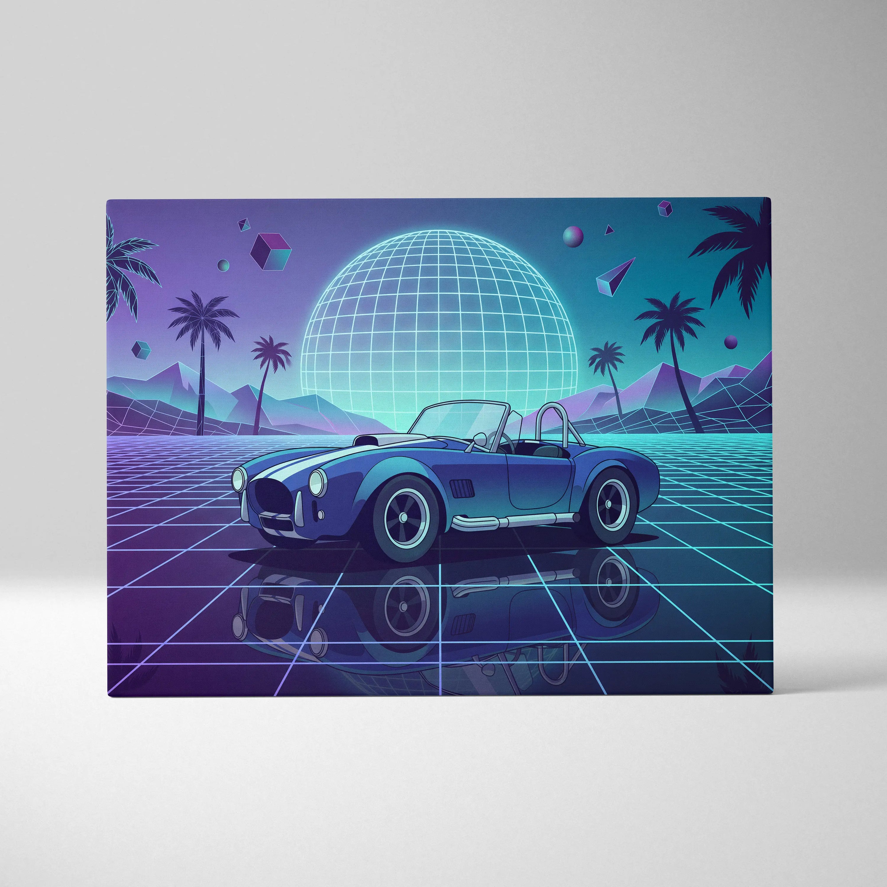 Shelby Cobra Inspired Blue Purple Canvas Wall Art, Vaporwave Roadster Artwork, Neon Grid Palm Decor, Retro Futuristic Classic Car Print