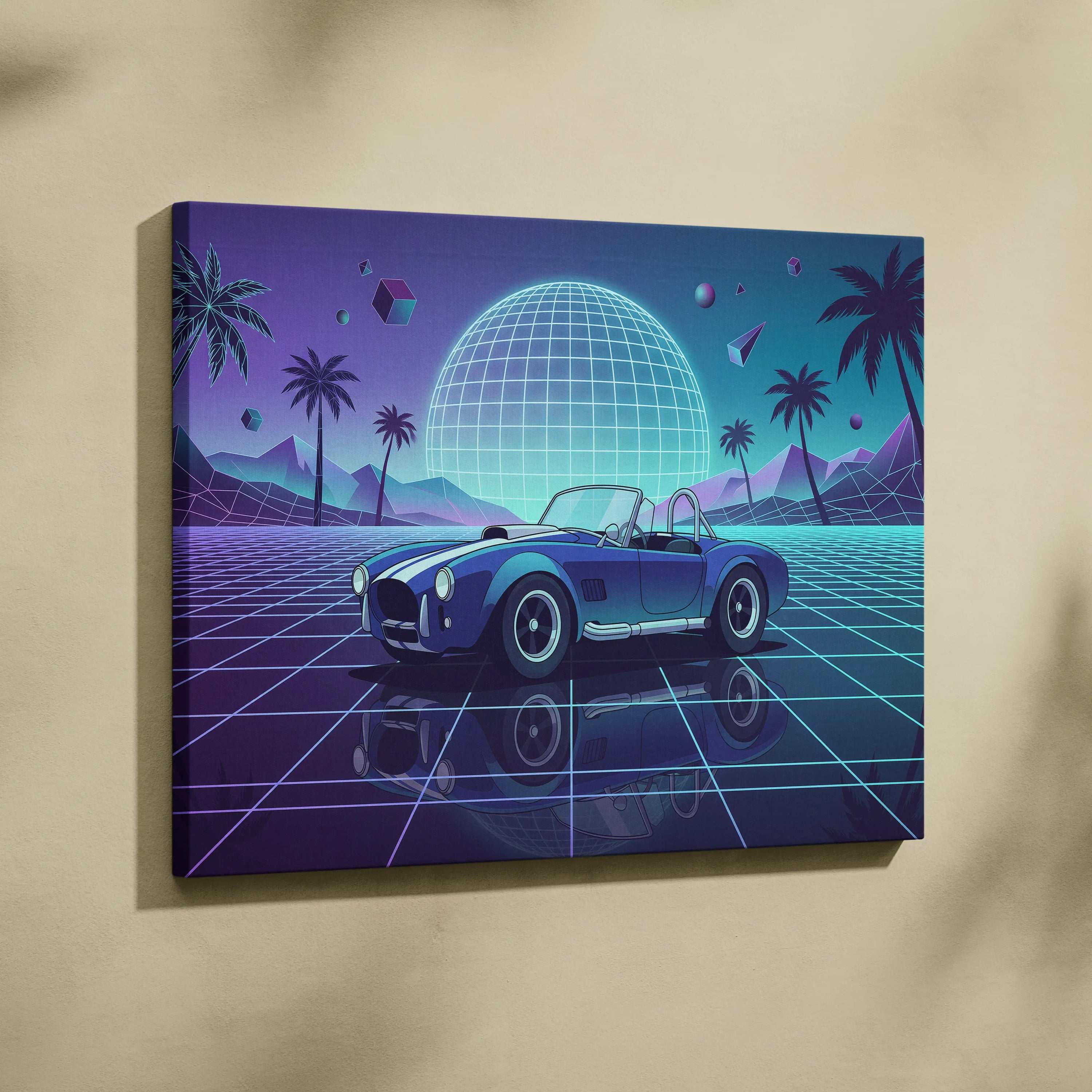 Shelby Cobra Inspired Blue Purple Canvas Wall Art, Vaporwave Roadster Artwork, Neon Grid Palm Decor, Retro Futuristic Classic Car Print