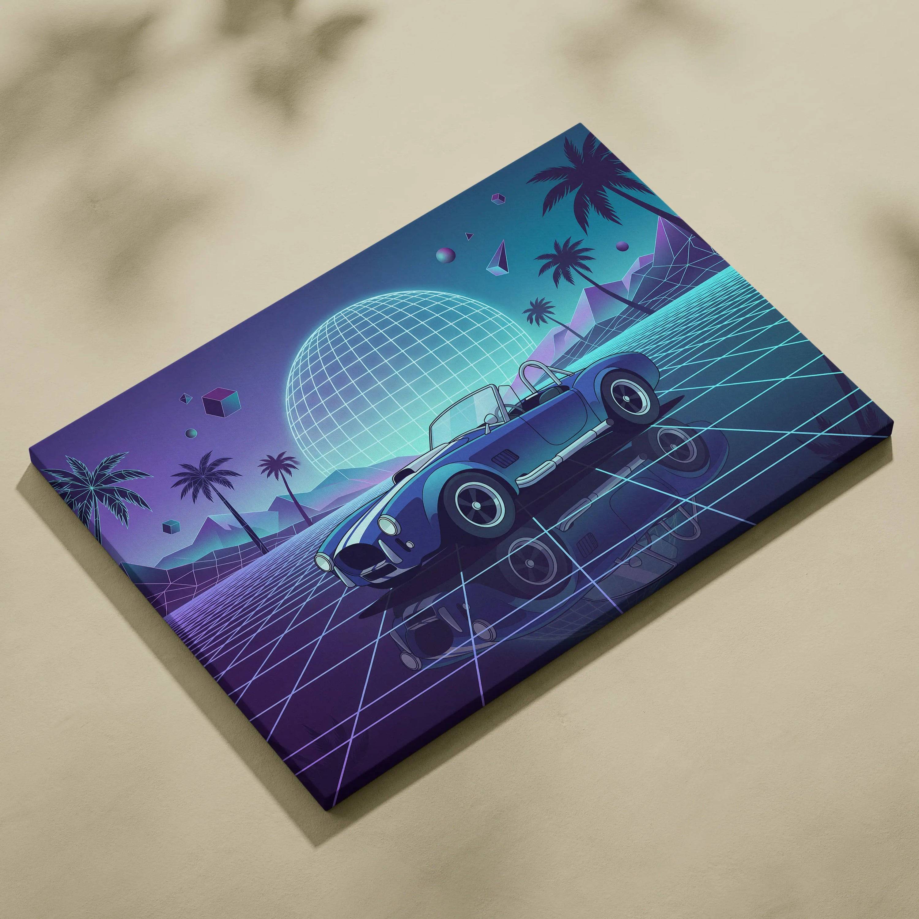 Shelby Cobra Inspired Blue Purple Canvas Wall Art, Vaporwave Roadster Artwork, Neon Grid Palm Decor, Retro Futuristic Classic Car Print