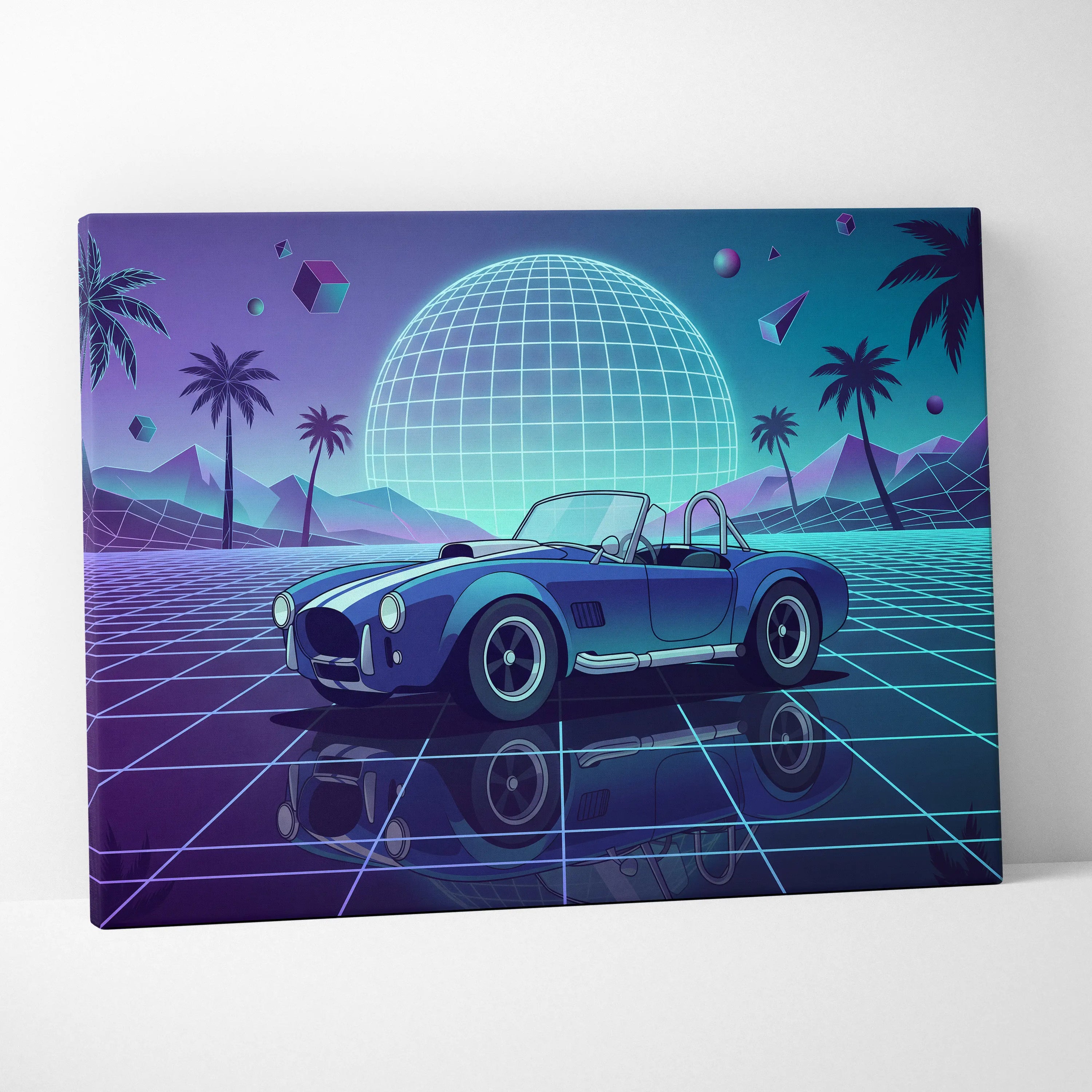 Shelby Cobra Inspired Blue Purple Canvas Wall Art, Vaporwave Roadster Artwork, Neon Grid Palm Decor, Retro Futuristic Classic Car Print