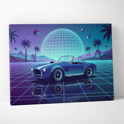 Shelby Cobra Inspired Blue Purple Canvas Wall Art, Vaporwave Roadster Artwork, Neon Grid Palm Decor, Retro Futuristic Classic Car Print