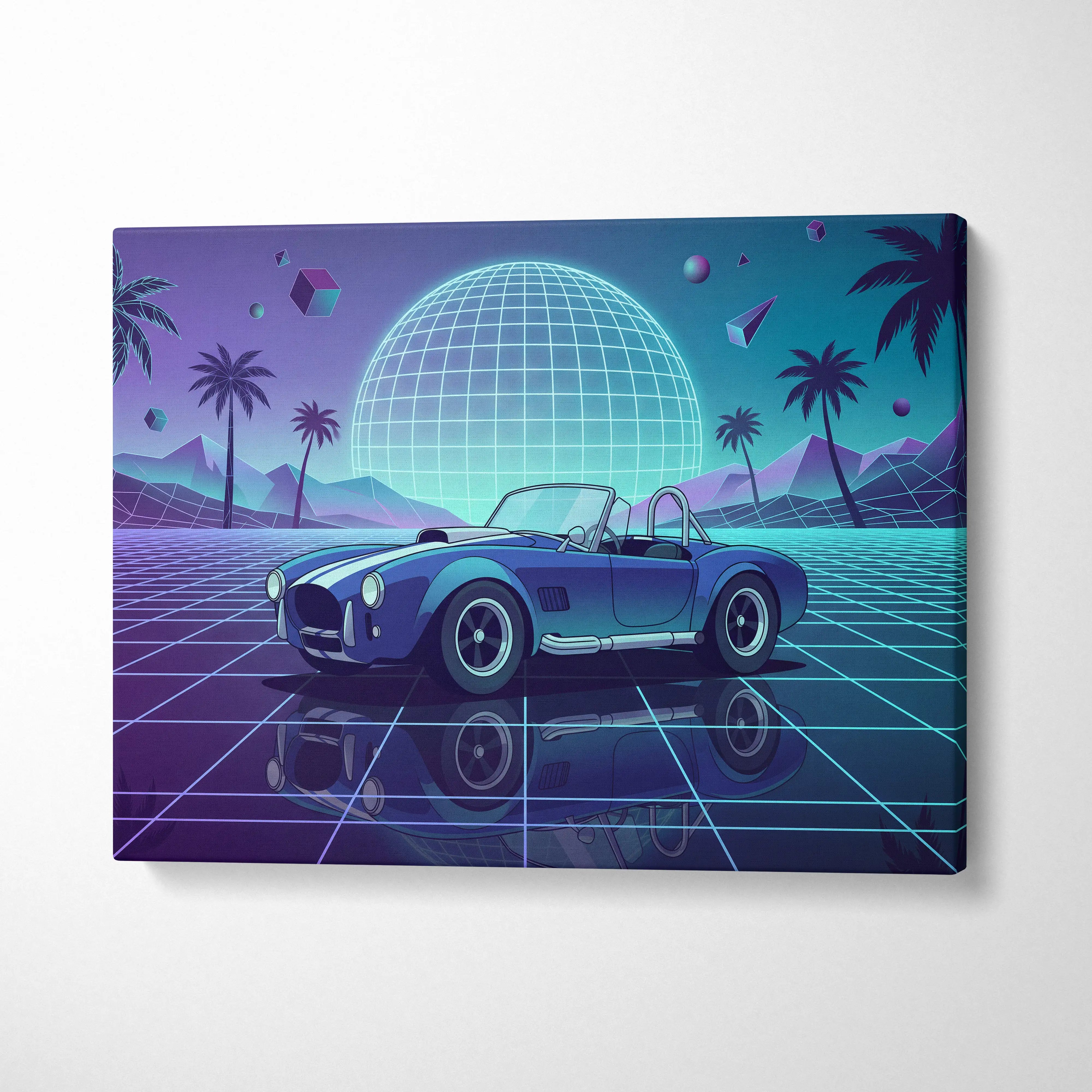 Shelby Cobra Inspired Blue Purple Canvas Wall Art, Vaporwave Roadster Artwork, Neon Grid Palm Decor, Retro Futuristic Classic Car Print