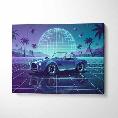 Shelby Cobra Inspired Blue Purple Canvas Wall Art, Vaporwave Roadster Artwork, Neon Grid Palm Decor, Retro Futuristic Classic Car Print