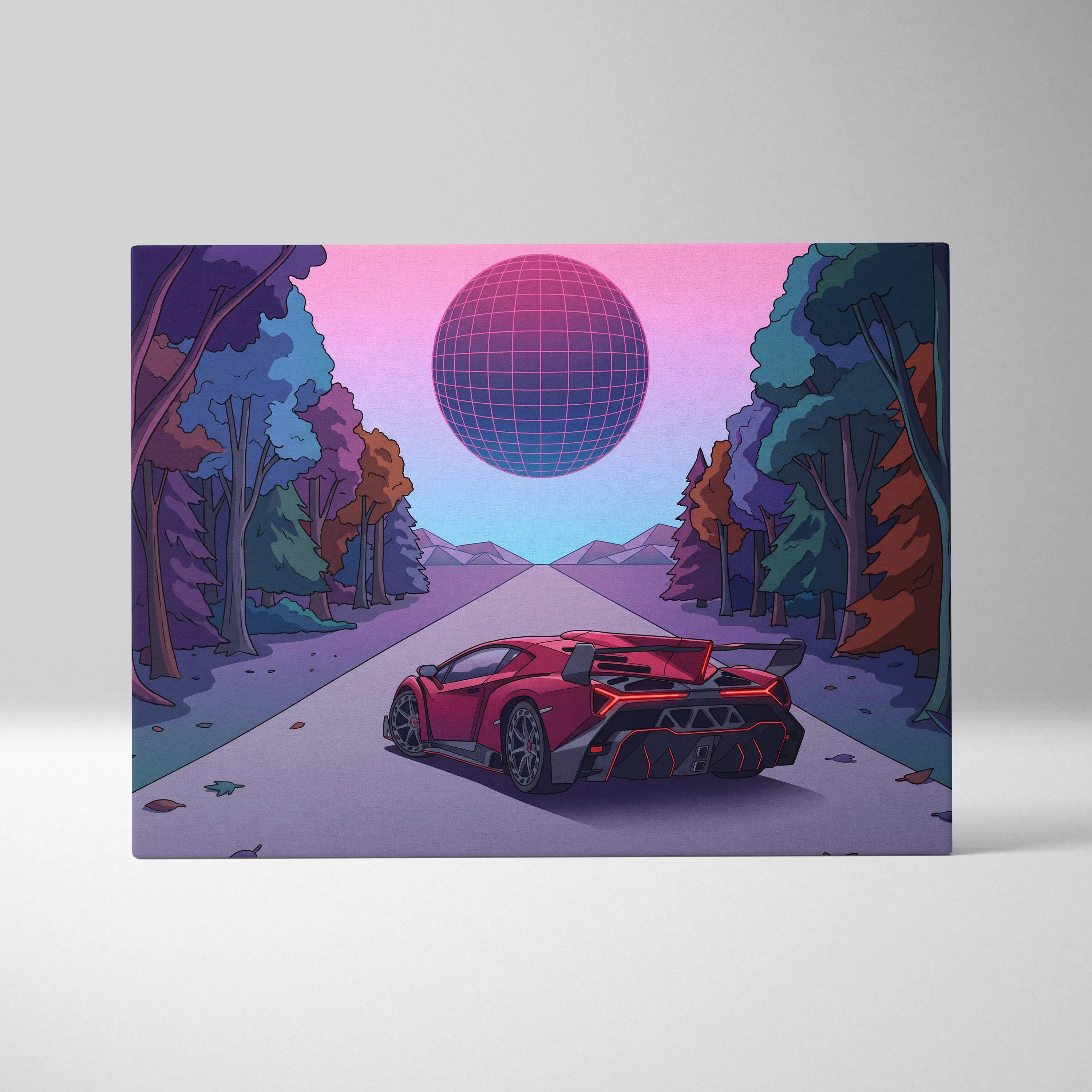 Lamborghini Veneno Inspired Red Purple Canvas Wall Art, Neon Vaporwave Hypercar Artwork for Modern Garage Decor