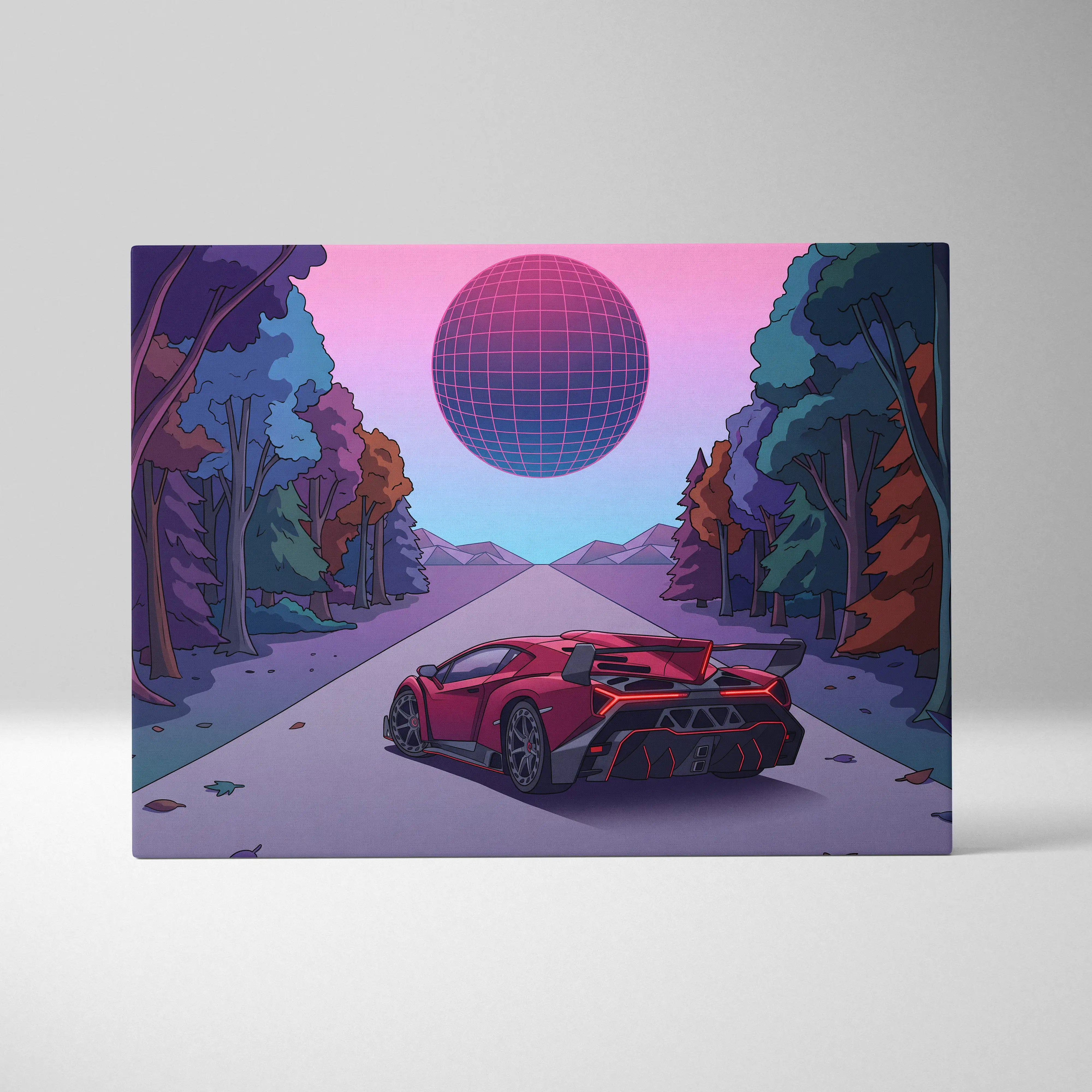 Lamborghini Veneno Inspired Red Purple Canvas Wall Art, Neon Vaporwave Hypercar Artwork for Modern Garage Decor