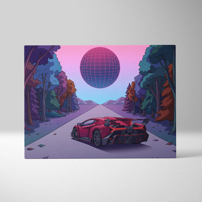 Lamborghini Veneno Inspired Red Purple Canvas Wall Art, Neon Vaporwave Hypercar Artwork for Modern Garage Decor