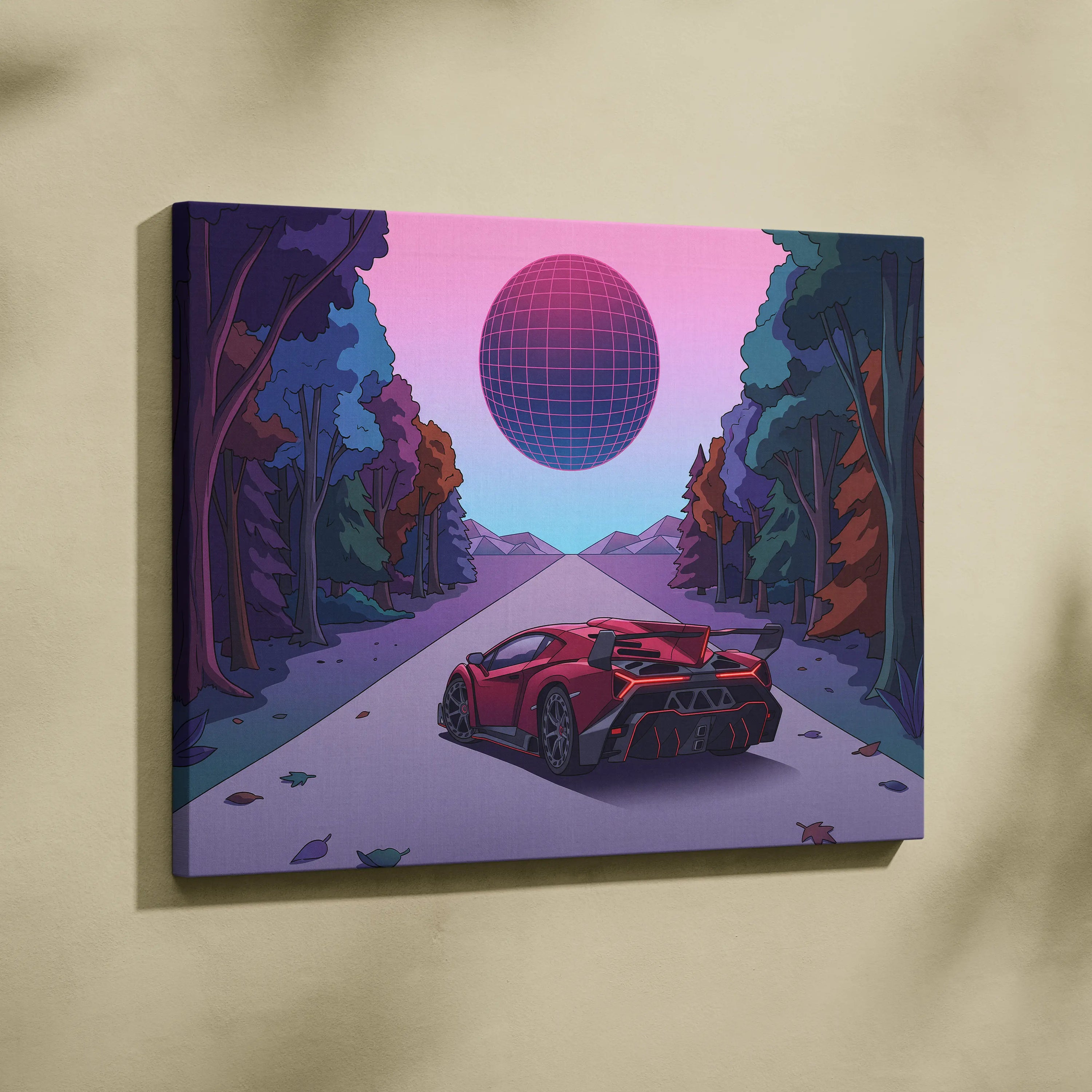 Lamborghini Veneno Inspired Red Purple Canvas Wall Art, Neon Vaporwave Hypercar Artwork for Modern Garage Decor