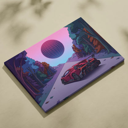 Lamborghini Veneno Inspired Red Purple Canvas Wall Art, Neon Vaporwave Hypercar Artwork for Modern Garage Decor