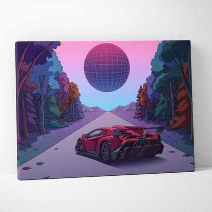 Lamborghini Veneno Inspired Red Purple Canvas Wall Art, Neon Vaporwave Hypercar Artwork for Modern Garage Decor
