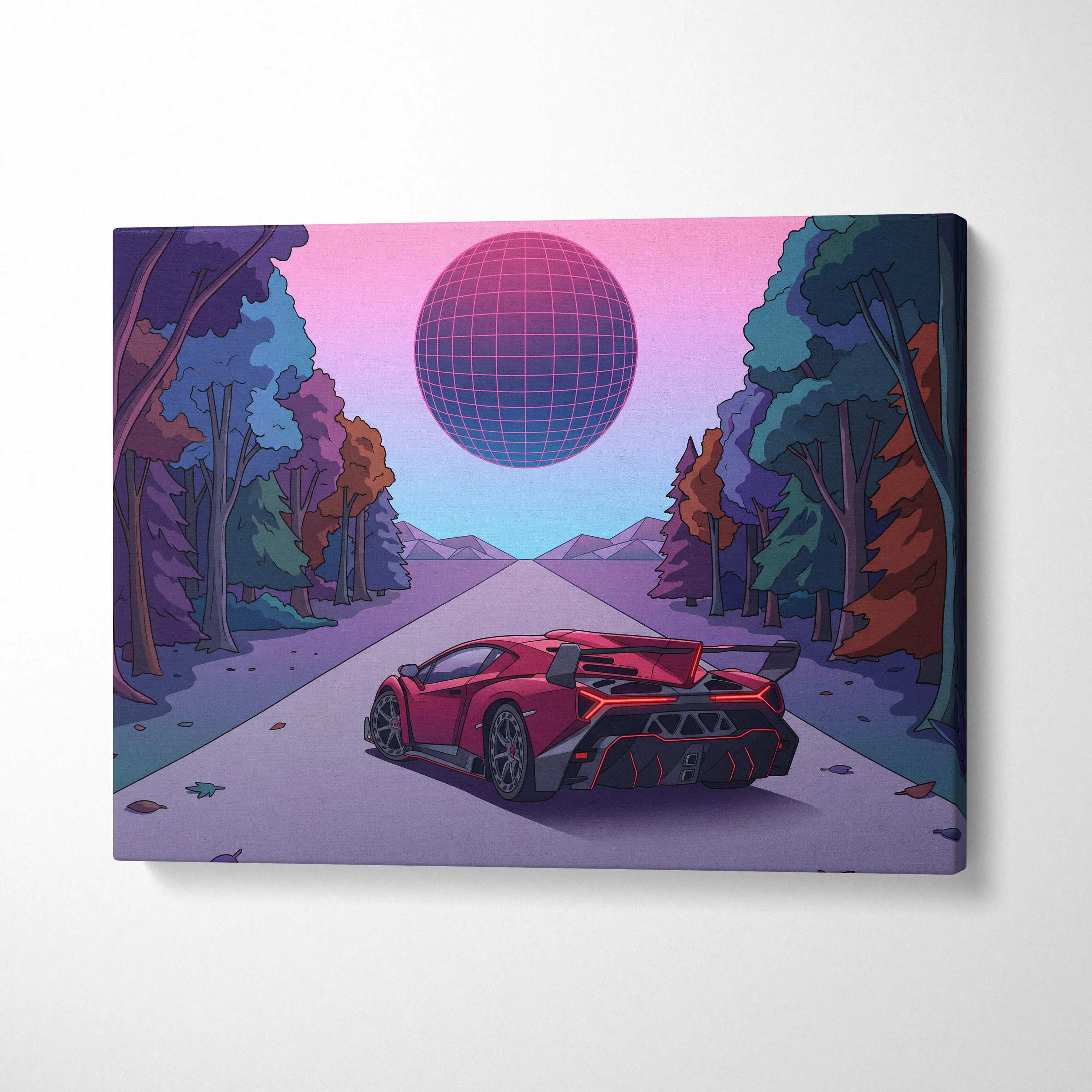 Lamborghini Veneno Inspired Red Purple Canvas Wall Art, Neon Vaporwave Hypercar Artwork for Modern Garage Decor
