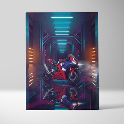 Honda CBR1000RR-R Fireblade Inspired Red Blue Vaporwave Motorcycle Canvas Wall Art Neon Tunnel Sportbike Artwork Cyberpunk Garage Decor