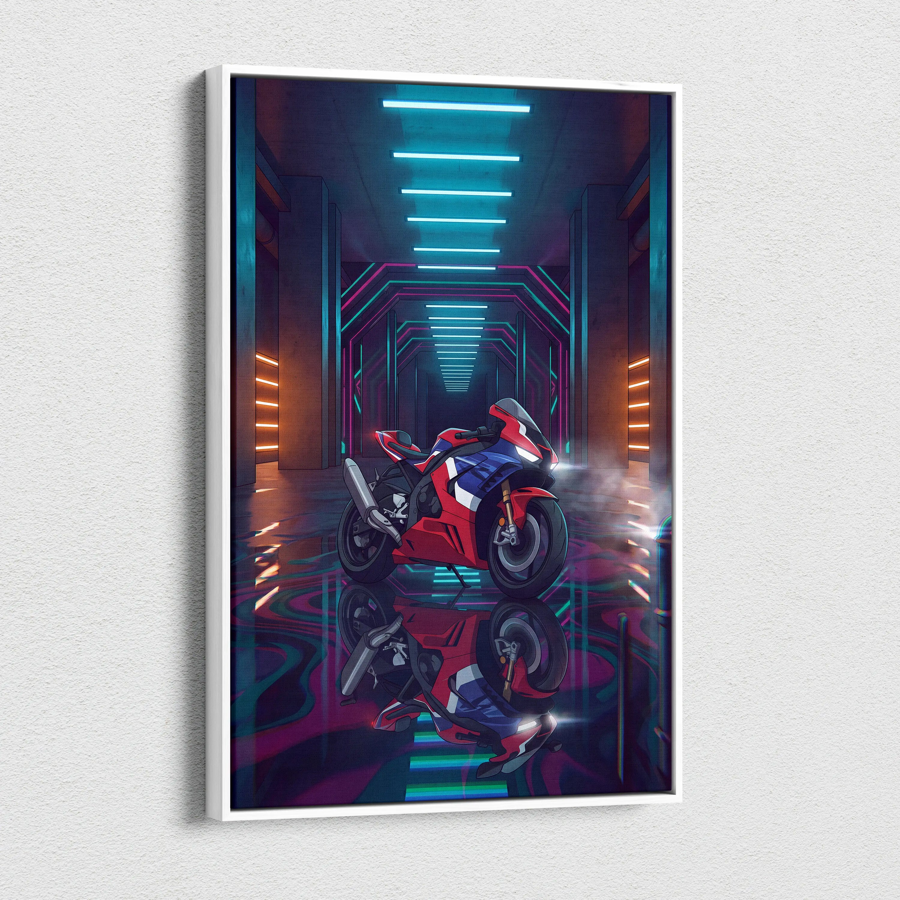 Honda CBR1000RR-R Fireblade Inspired Red Blue Vaporwave Motorcycle Canvas Wall Art Neon Tunnel Sportbike Artwork Cyberpunk Garage Decor