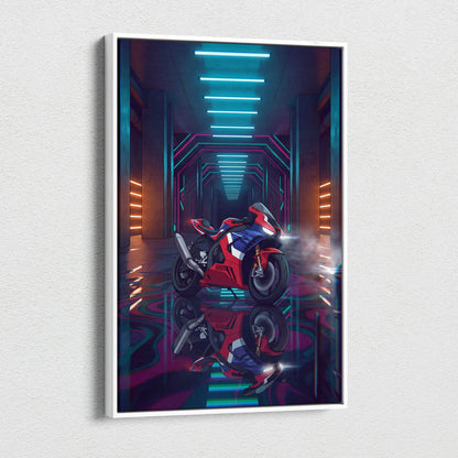Honda CBR1000RR-R Fireblade Inspired Red Blue Vaporwave Motorcycle Canvas Wall Art Neon Tunnel Sportbike Artwork Cyberpunk Garage Decor