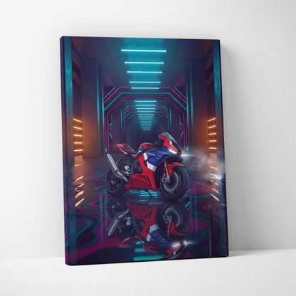 Honda CBR1000RR-R Fireblade Inspired Red Blue Vaporwave Motorcycle Canvas Wall Art Neon Tunnel Sportbike Artwork Cyberpunk Garage Decor