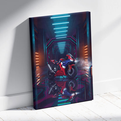 Honda CBR1000RR-R Fireblade Inspired Red Blue Vaporwave Motorcycle Canvas Wall Art Neon Tunnel Sportbike Artwork Cyberpunk Garage Decor