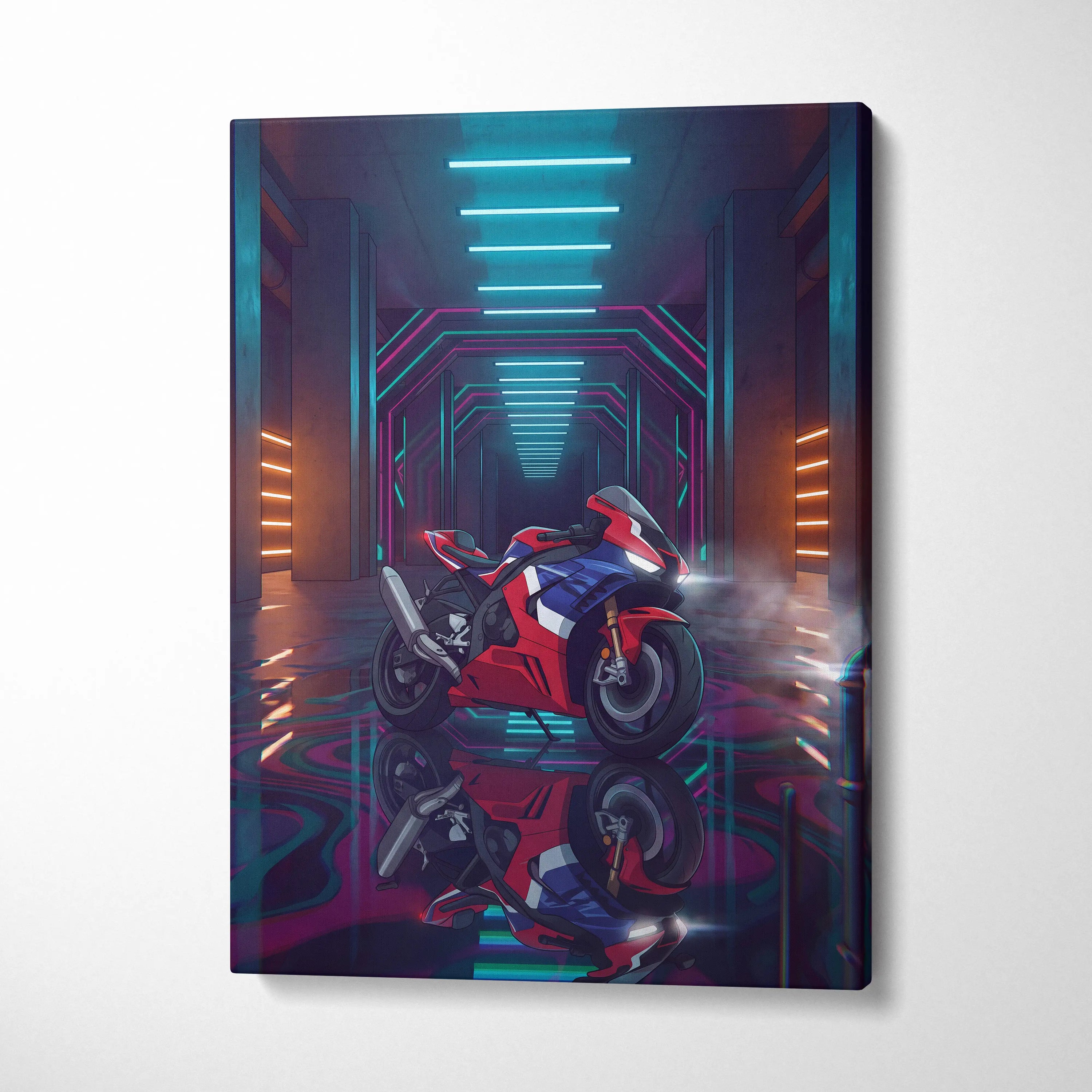Honda CBR1000RR-R Fireblade Inspired Red Blue Vaporwave Motorcycle Canvas Wall Art Neon Tunnel Sportbike Artwork Cyberpunk Garage Decor