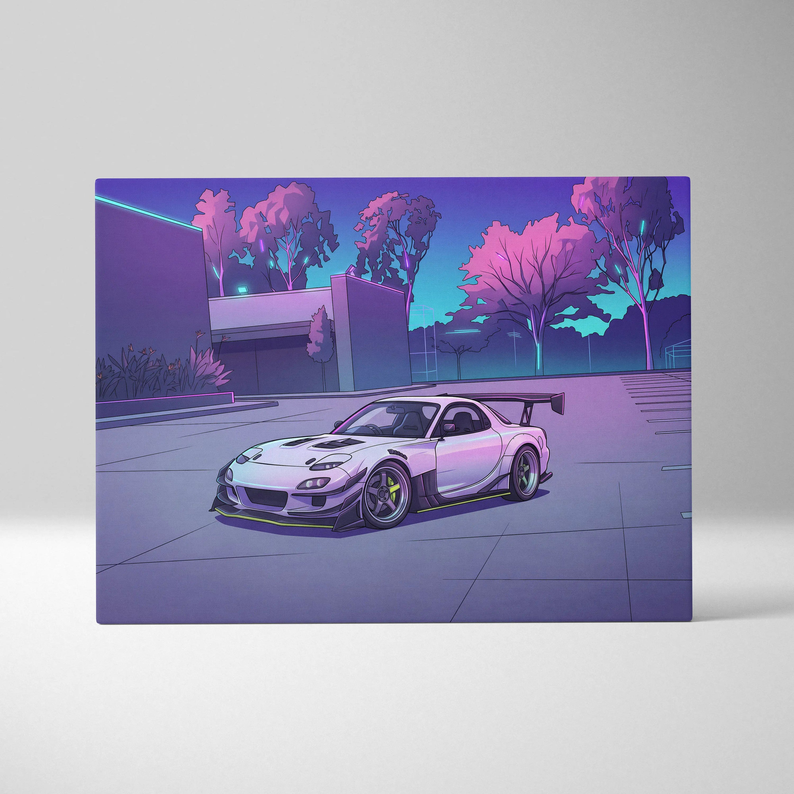 Mazda RX-7 Inspired White Purple Canvas Wall Art, Vaporwave JDM Sports Car Artwork, Neon Grid Garage Decor, Retro Futuristic Auto Print