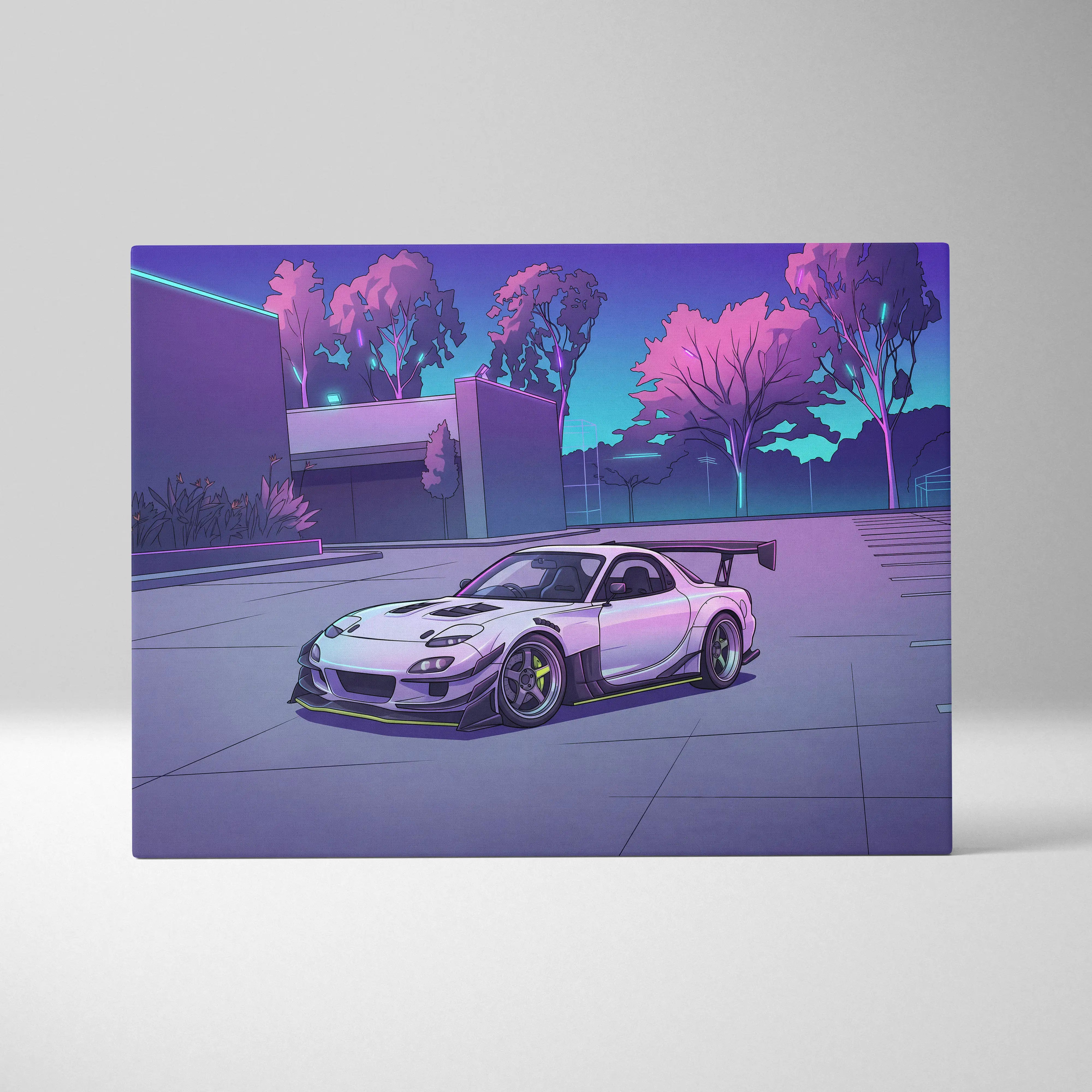 Nissan skyline r34 sports car canvas print with neon purple and pink gradient lighting in vaporwave jdm wall art