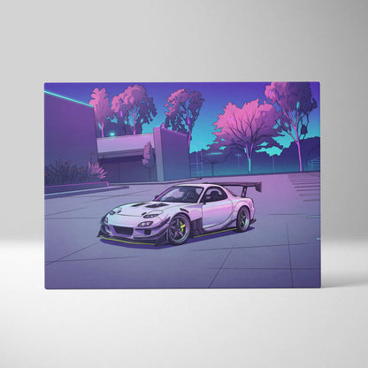 Mazda RX-7 Inspired White Purple Canvas Wall Art, Vaporwave JDM Sports Car Artwork, Neon Grid Garage Decor, Retro Futuristic Auto Print