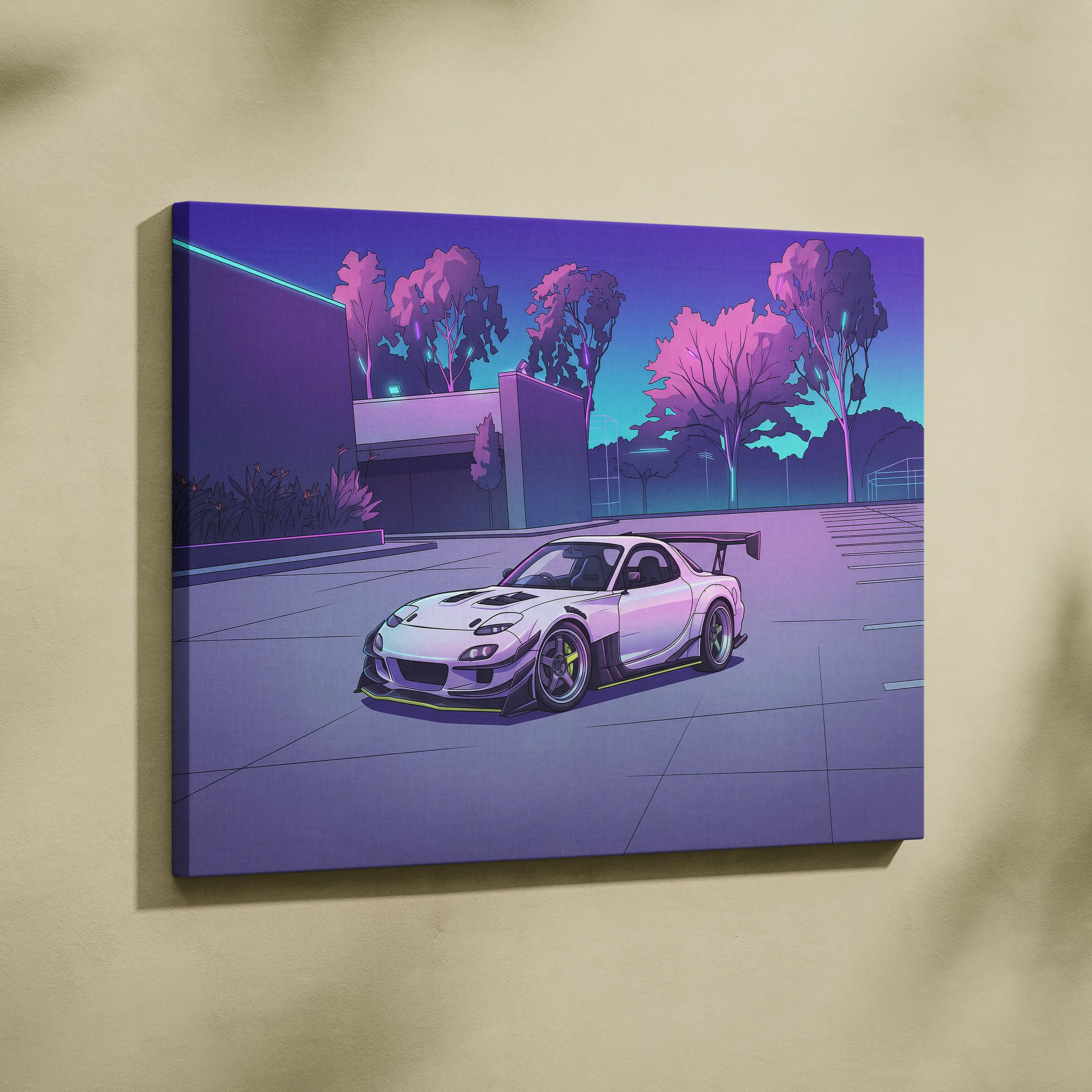 Mazda RX-7 Inspired White Purple Canvas Wall Art, Vaporwave JDM Sports Car Artwork, Neon Grid Garage Decor, Retro Futuristic Auto Print