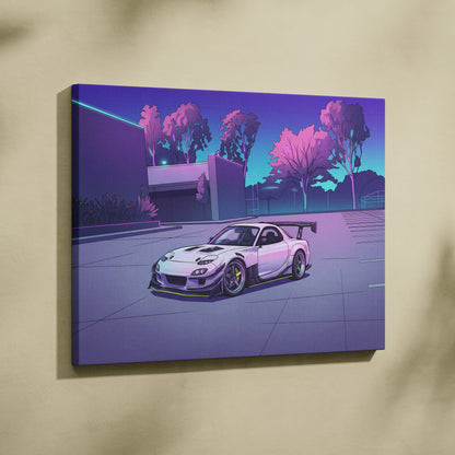 Mazda RX-7 Inspired White Purple Canvas Wall Art, Vaporwave JDM Sports Car Artwork, Neon Grid Garage Decor, Retro Futuristic Auto Print