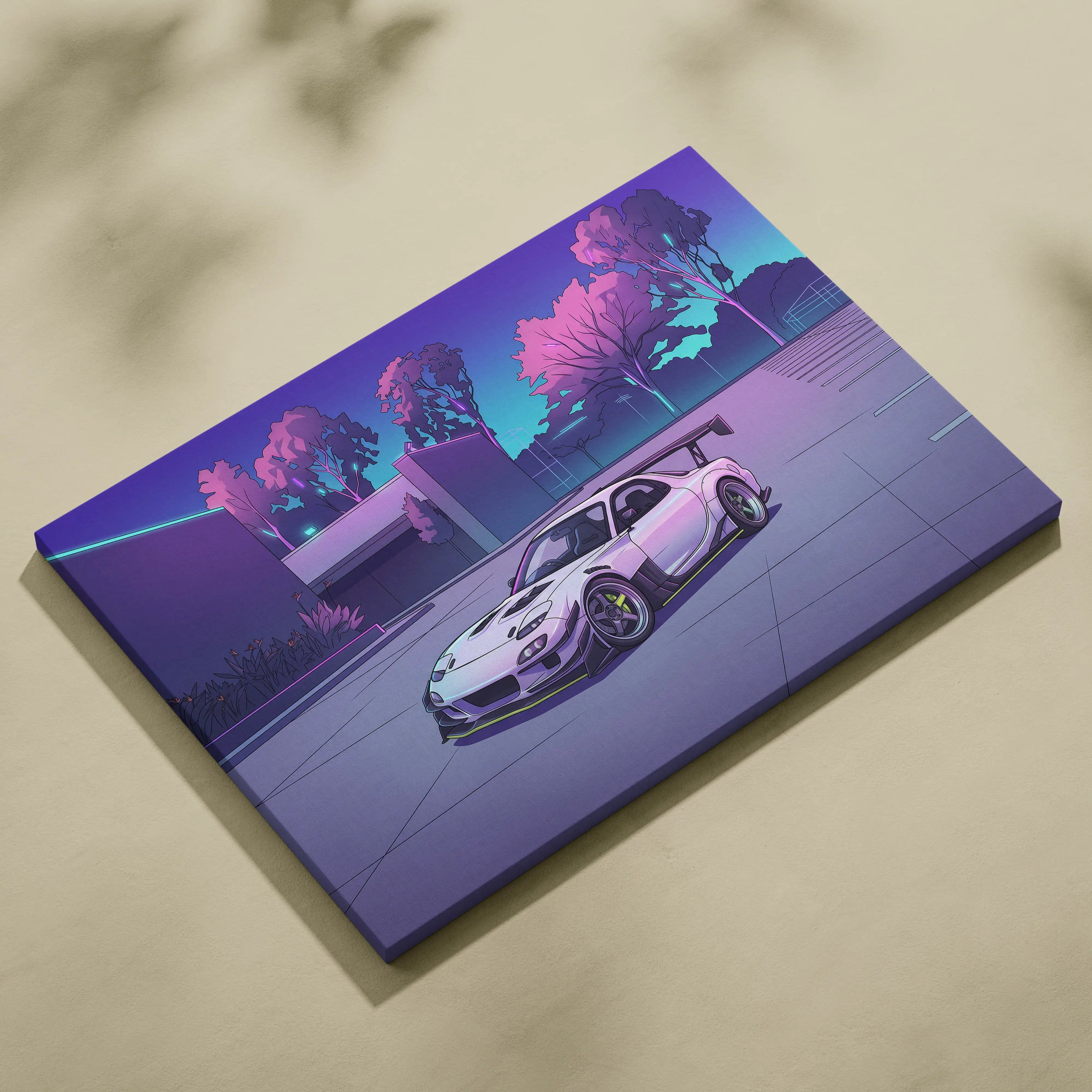 Mazda RX-7 Inspired White Purple Canvas Wall Art, Vaporwave JDM Sports Car Artwork, Neon Grid Garage Decor, Retro Futuristic Auto Print