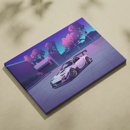 Mazda RX-7 Inspired White Purple Canvas Wall Art, Vaporwave JDM Sports Car Artwork, Neon Grid Garage Decor, Retro Futuristic Auto Print