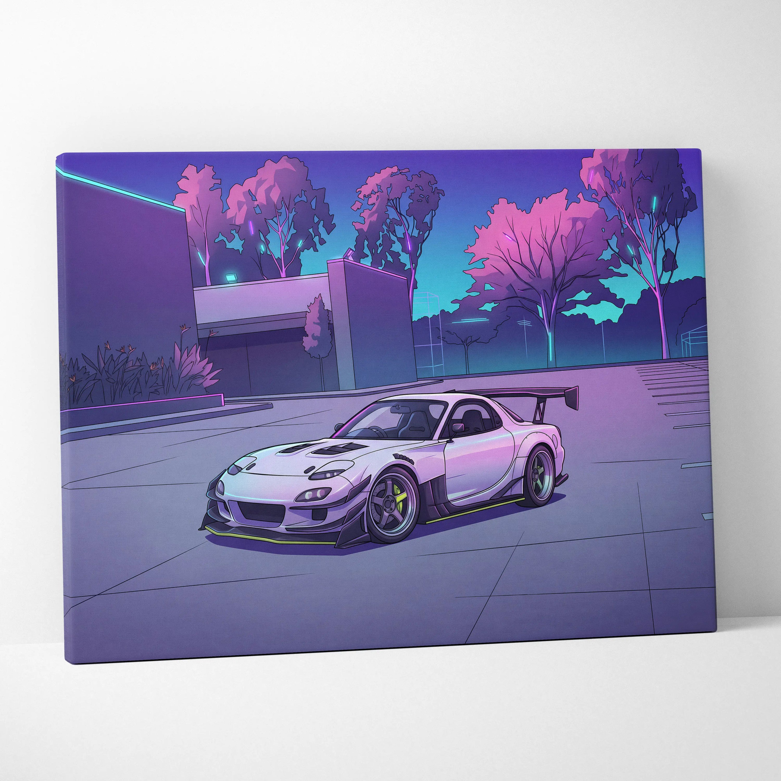 Mazda RX-7 Inspired White Purple Canvas Wall Art, Vaporwave JDM Sports Car Artwork, Neon Grid Garage Decor, Retro Futuristic Auto Print