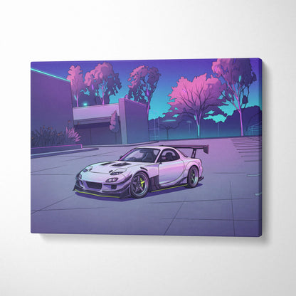 Mazda RX-7 Inspired White Purple Canvas Wall Art, Vaporwave JDM Sports Car Artwork, Neon Grid Garage Decor, Retro Futuristic Auto Print