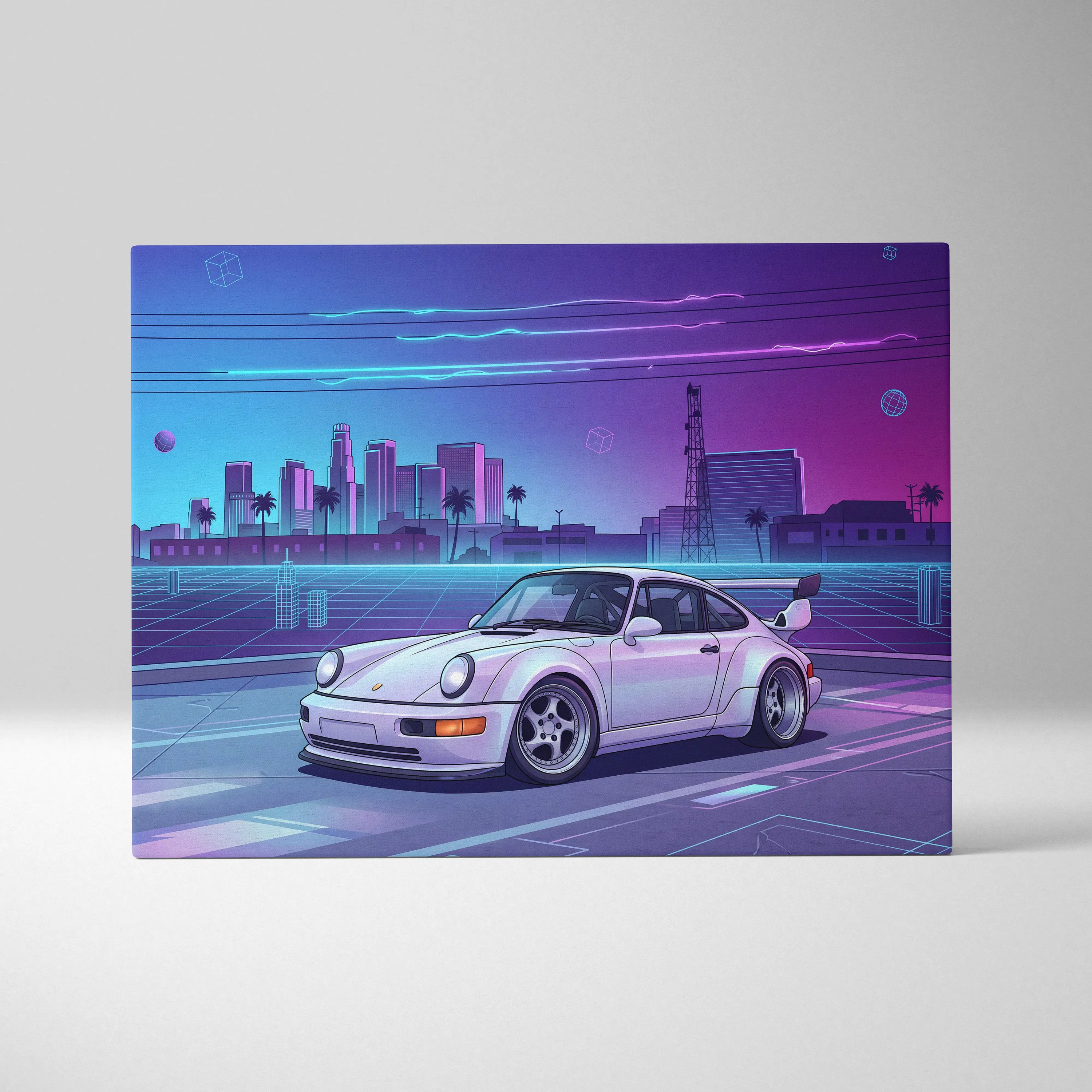 Porsche 911 Turbo Classic Inspired White Purple Canvas Wall Art Vaporwave Neon City Sports Car Artwork, Retro Cyberpunk Garage Decor