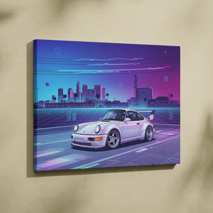 Porsche 911 Turbo Classic Inspired White Purple Canvas Wall Art Vaporwave Neon City Sports Car Artwork, Retro Cyberpunk Garage Decor