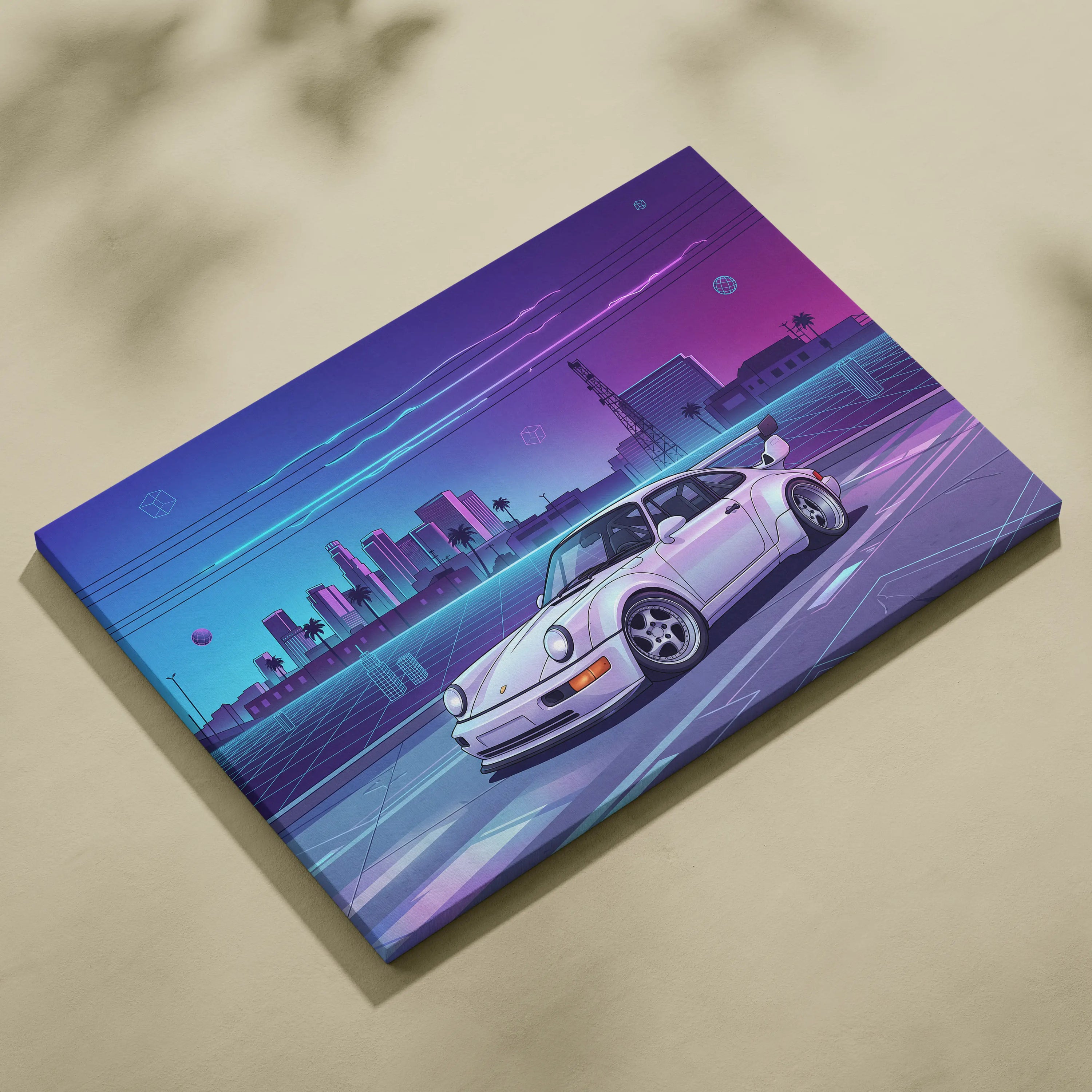 Porsche 911 Turbo Classic Inspired White Purple Canvas Wall Art Vaporwave Neon City Sports Car Artwork, Retro Cyberpunk Garage Decor