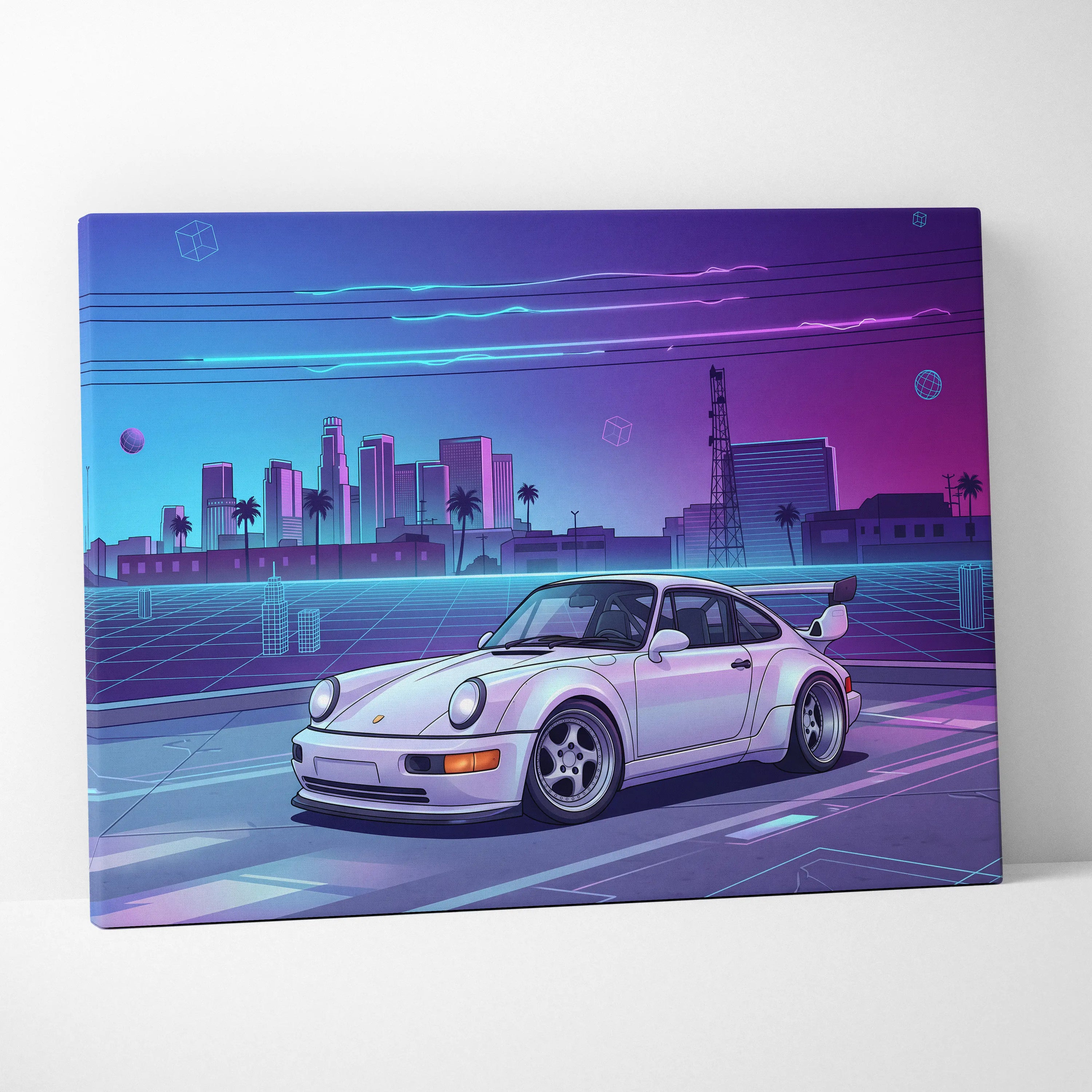Porsche 911 Turbo Classic Inspired White Purple Canvas Wall Art Vaporwave Neon City Sports Car Artwork, Retro Cyberpunk Garage Decor